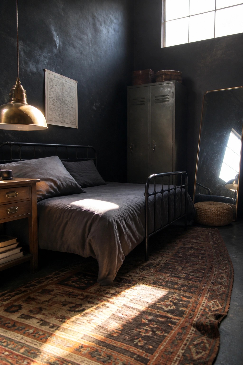 A bedroom with black walls, a black metal bed with gray bedding, a large brass pendant lamp, a wooden nightstand, a metal cabinet, and a patterned rug on the floor.