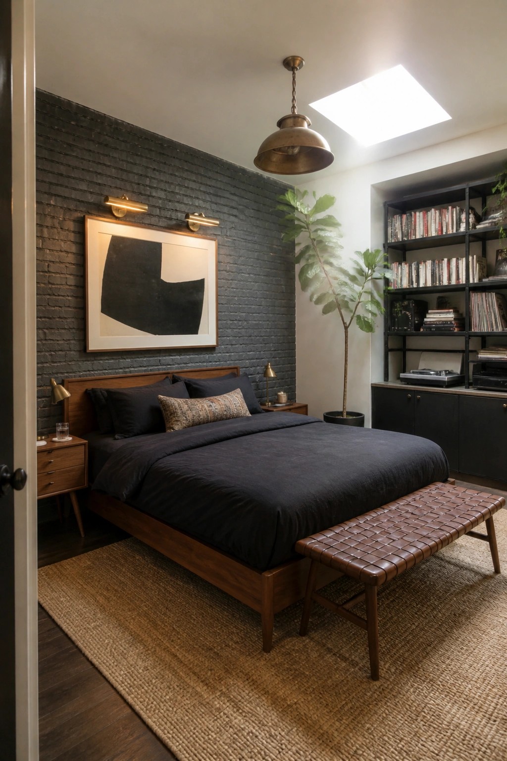 A bedroom featuring a black brick accent wall, wooden bed with dark linens, brass wall sconces, and a brass pendant light.