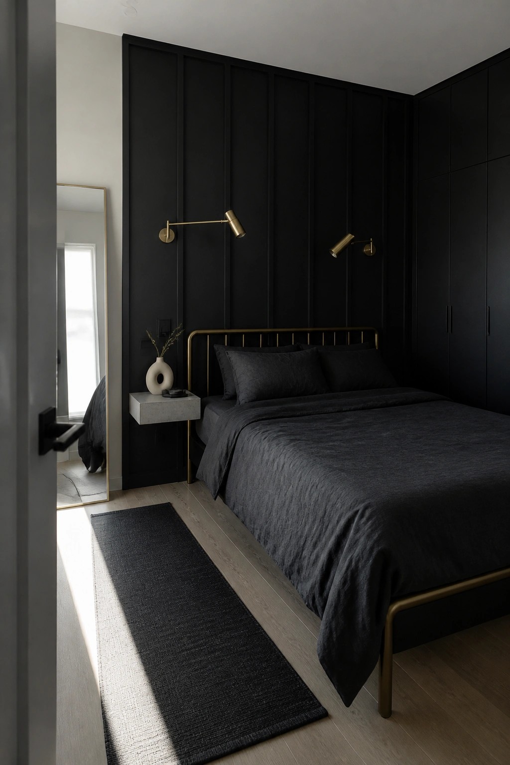 Modern dark bedroom with black bedding, brass bed frame, and floating nightstand