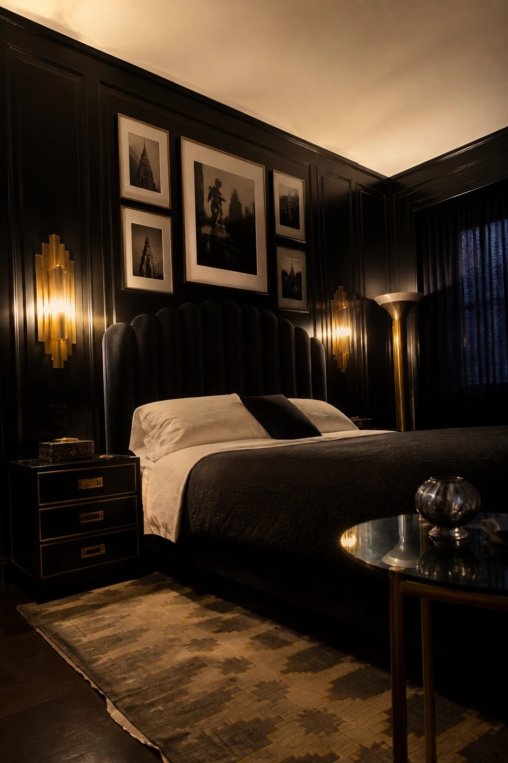 Luxurious dark bedroom with black bed, framed art, warm sconces, and patterned rug.