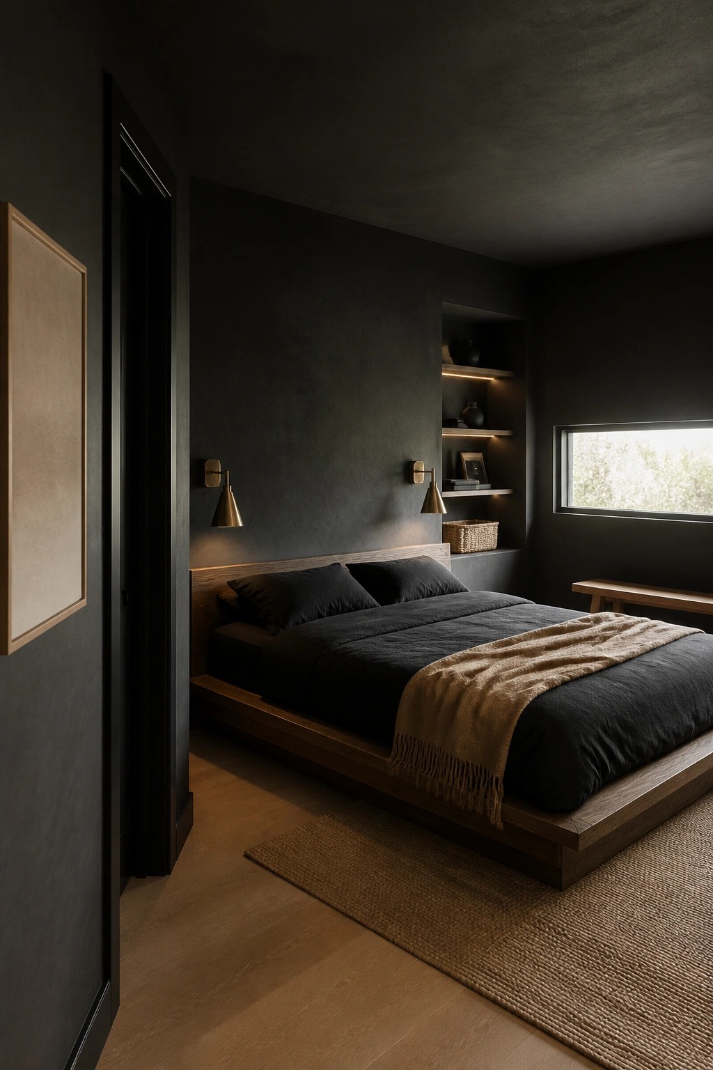 A dark bedroom with black walls, a low wooden platform bed dressed in black bedding and a tan throw, two brass wall sconces, and built-in shelves with lighting.