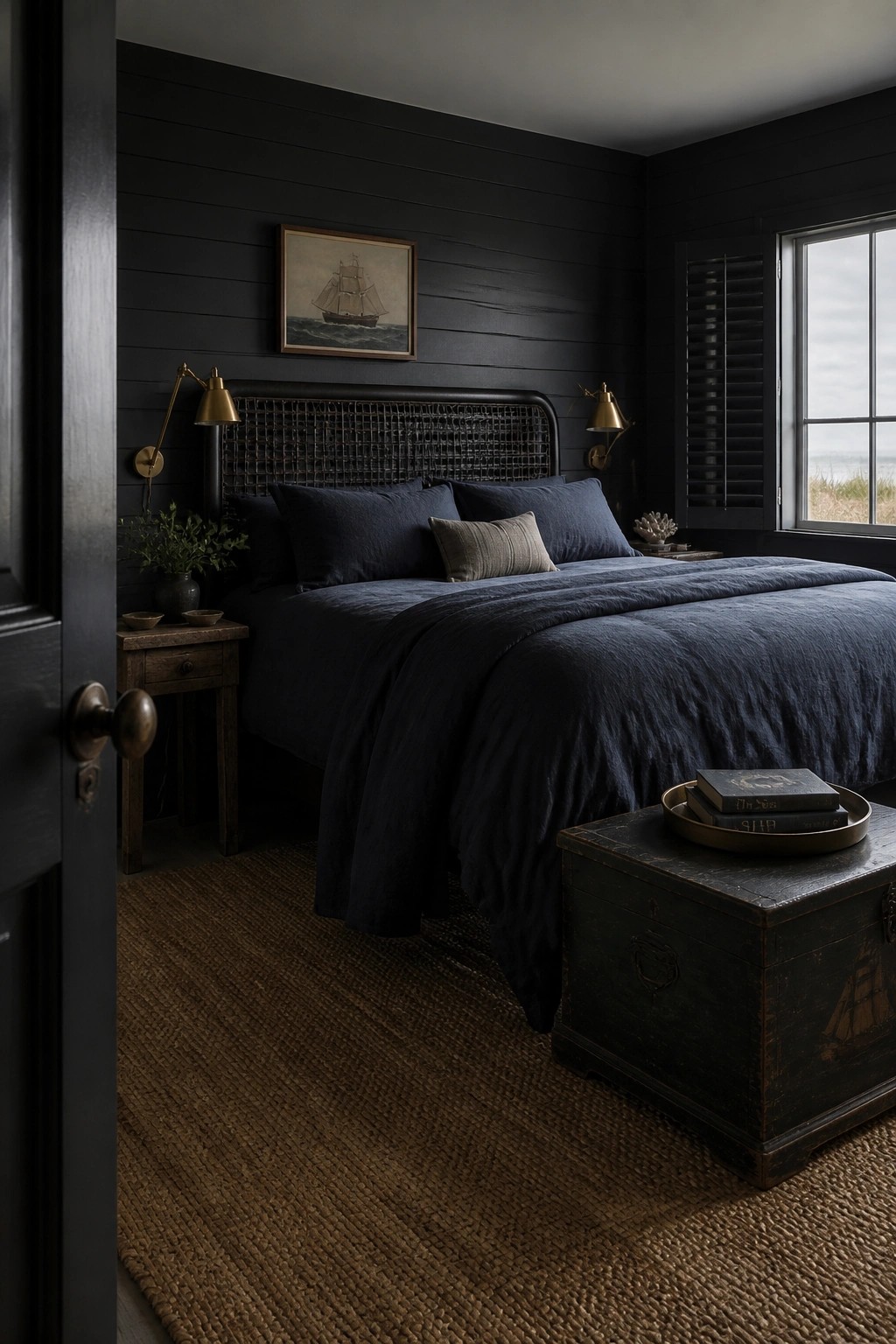 Dark navy bedroom with woven headboard, brass sconces, rumpled linens, and vintage chest.