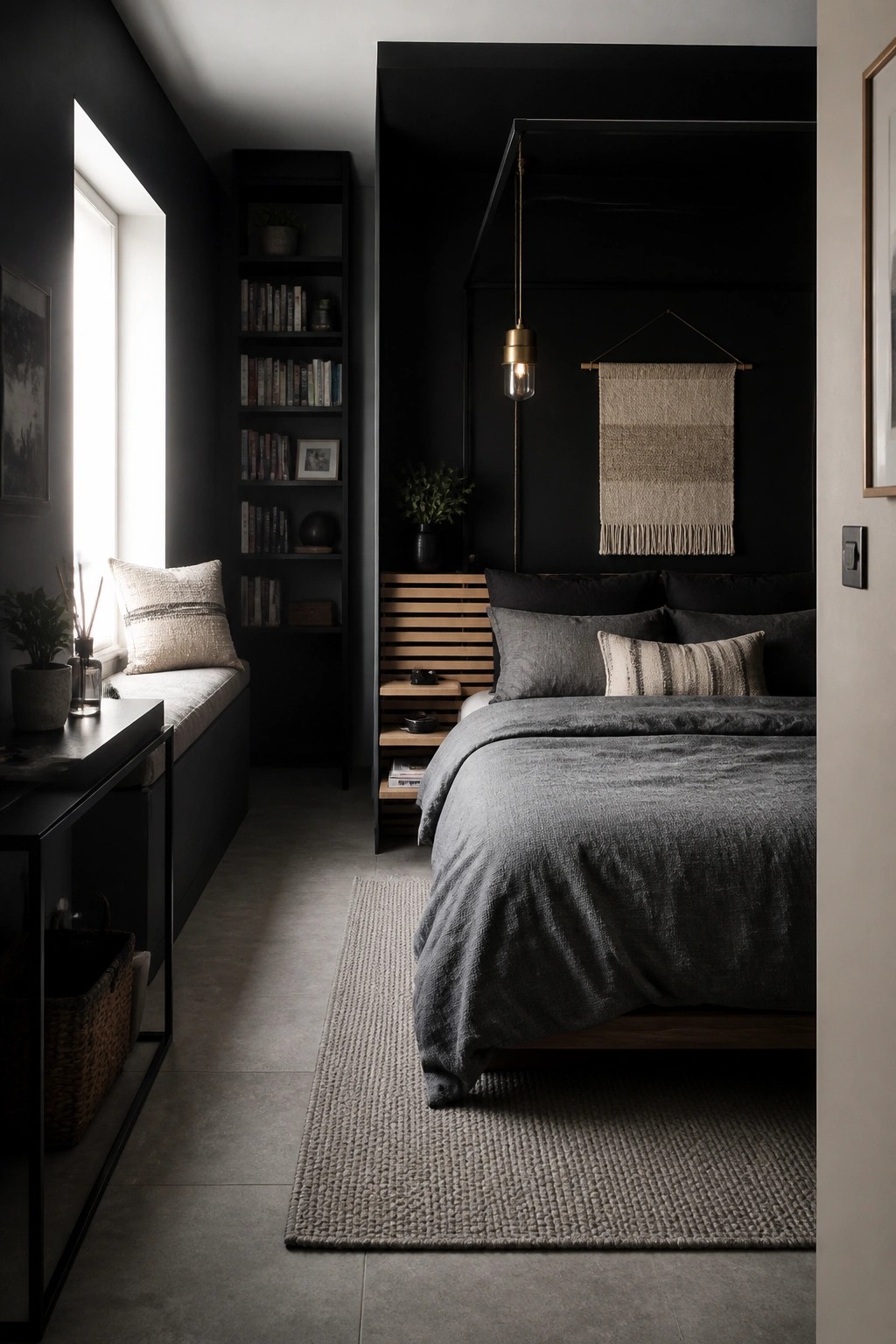 A narrow bedroom with black walls, a bed with gray bedding, built-in bookshelves and a window seat on the left, and a brass pendant light hanging above the bed.