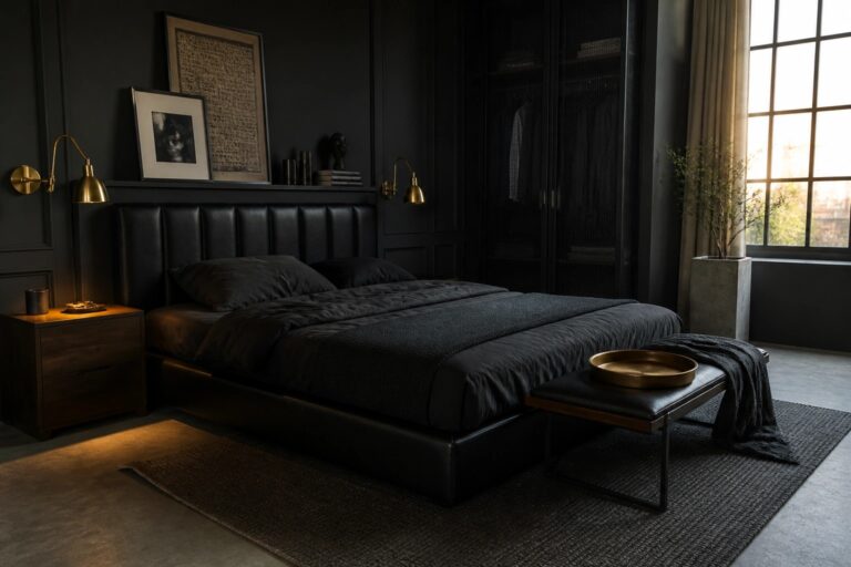 19 Dramatic Black Bedrooms for Men Paired With Brass Lighting A bedroom with black paneled walls, a large bed with dark bedding, brass wall sconces above the headboard, and a tall dark wardrobe beside a window.
