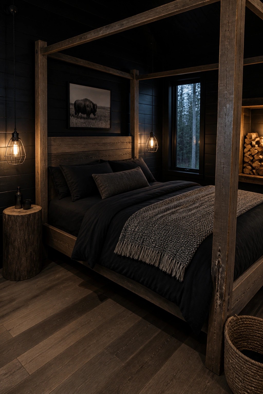 Dark wooden canopy bed with black linens in moody rustic cabin bedroom.