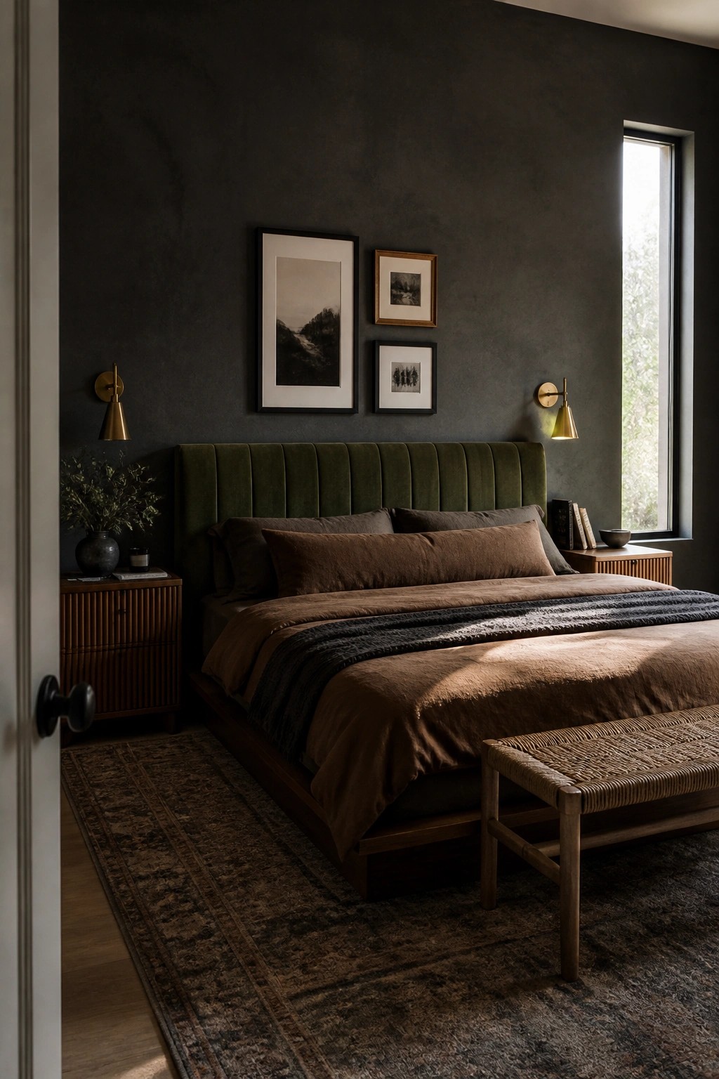 A bedroom featuring a dark charcoal accent wall, an olive green upholstered bed with brown bedding, wooden nightstands, and framed art above the headboard.