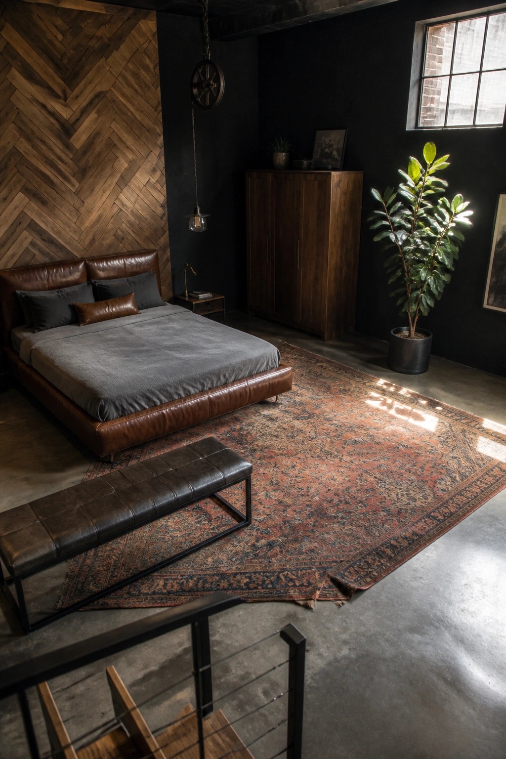 A bedroom interior with black walls, a herringbone wood accent wall behind a brown leather bed, a large patterned rug on concrete flooring, and a wooden wardrobe beside a potted plant.
