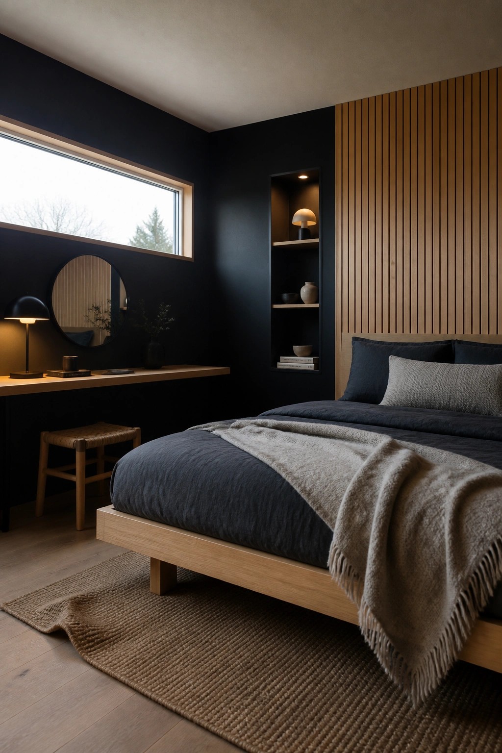 Dark modern bedroom with wooden platform bed, round mirror, and built-in shelves.