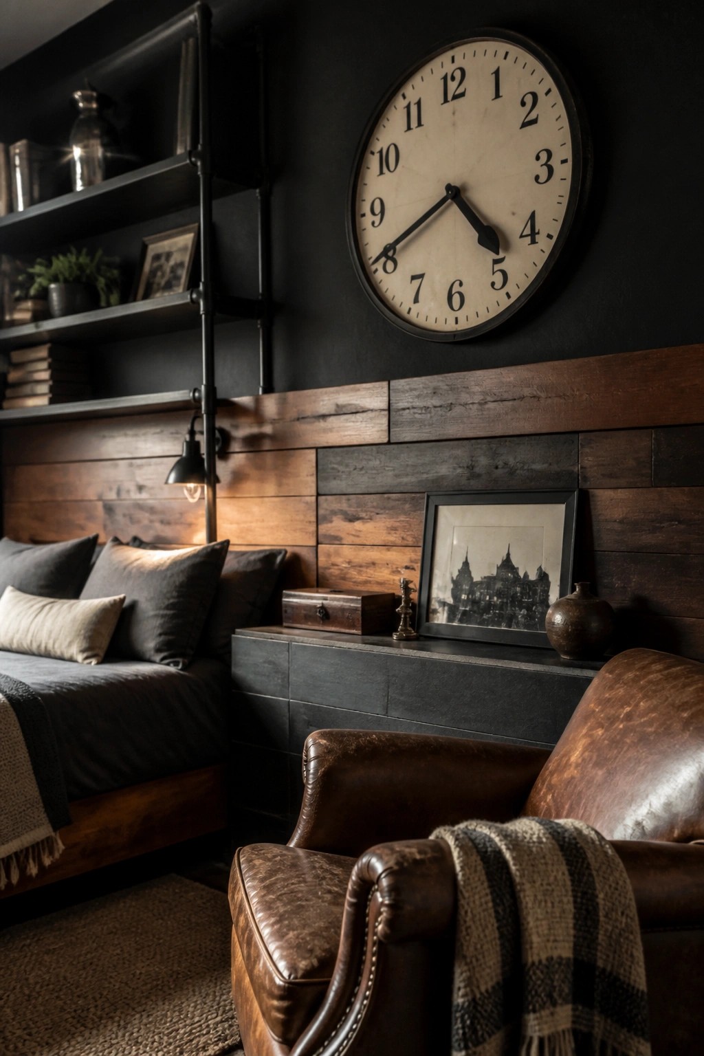 A bedroom with black walls above dark wood paneling, a bed with gray pillows, two brown leather armchairs, and a large round wall clock.