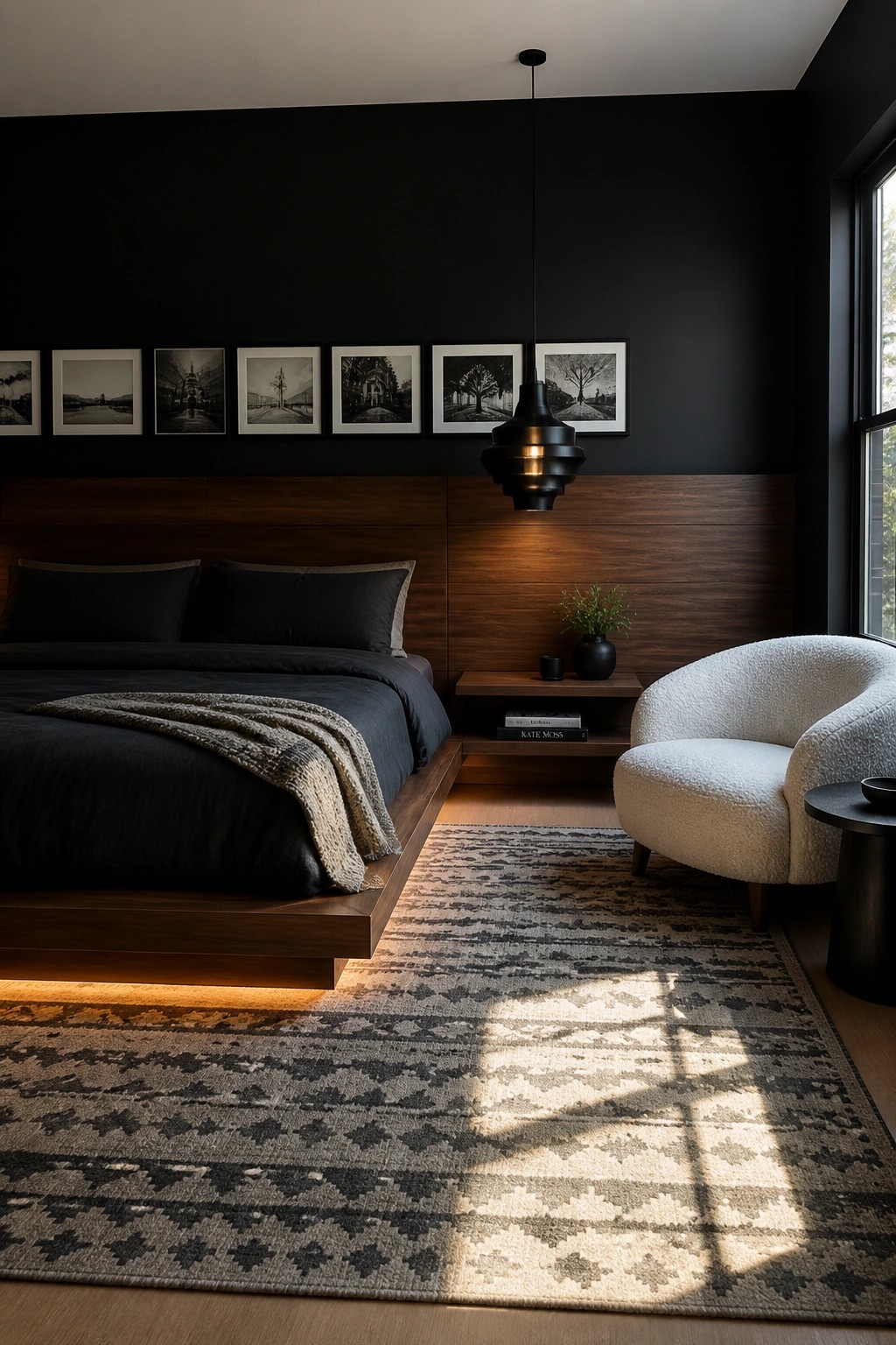 Dark modern bedroom with platform bed, pendant light, white chair, and patterned rug