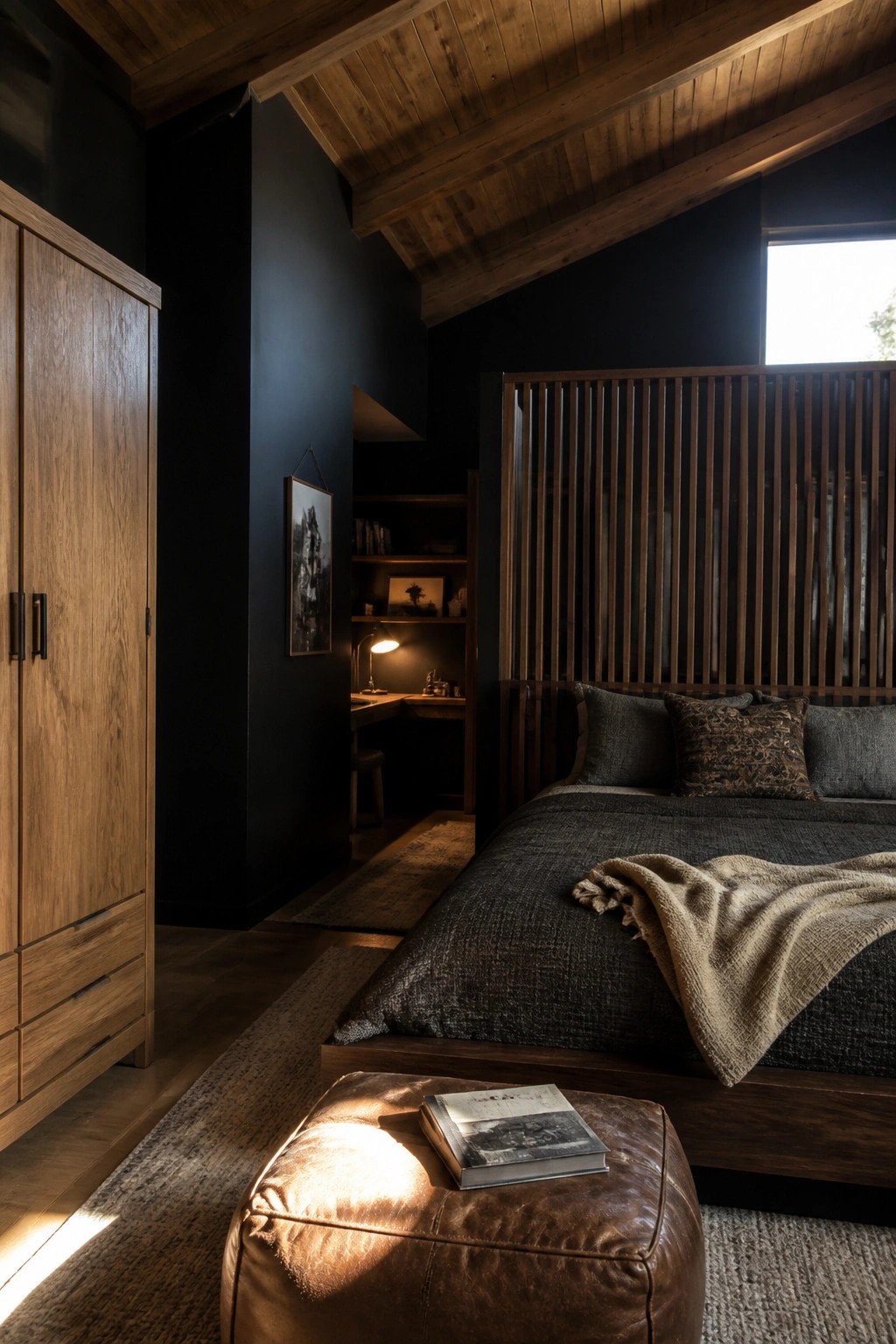 A bedroom interior with black walls, a wooden wardrobe on the left, a built-in desk nook with shelves, a large bed with a slatted wooden headboard, and a brown leather ottoman in the foreground.