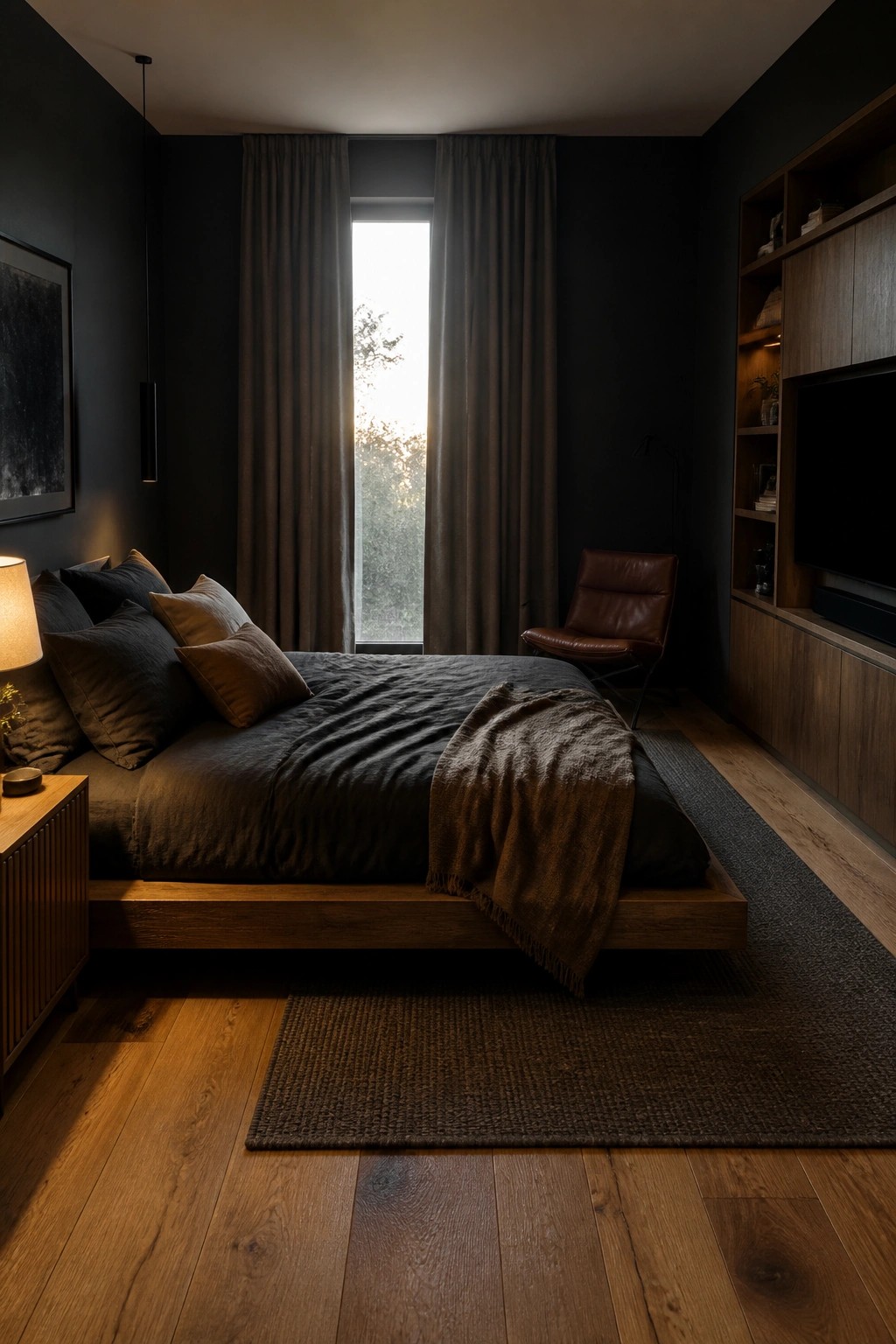 A bedroom with black walls, a wooden platform bed with dark bedding, warm hardwood floors, and wooden built-in shelving along one wall.