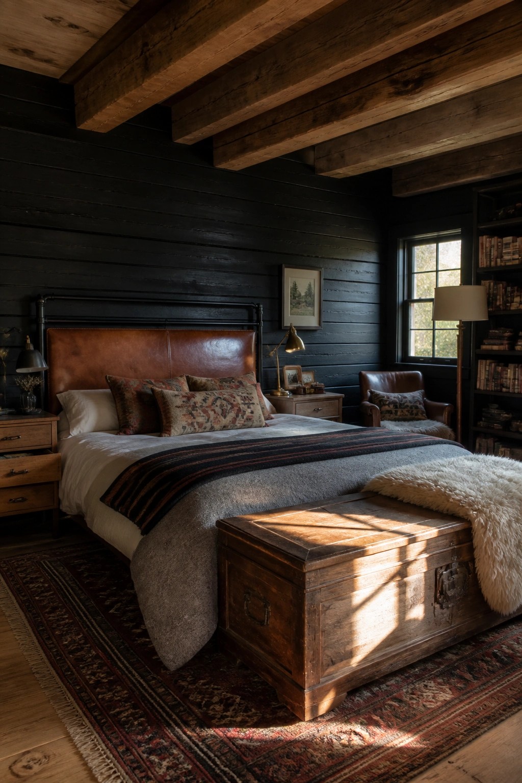 Cozy dark bedroom with leather headboard, sunlit wooden chest, and bookshelves.