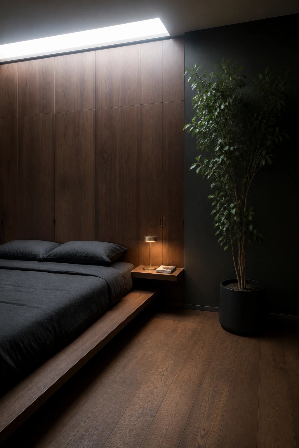 A bedroom with a full wall of dark wood built-in cabinetry behind a low platform bed dressed in black linens, a small floating nightstand with a lamp, and a tall potted plant against the adjacent black wall.