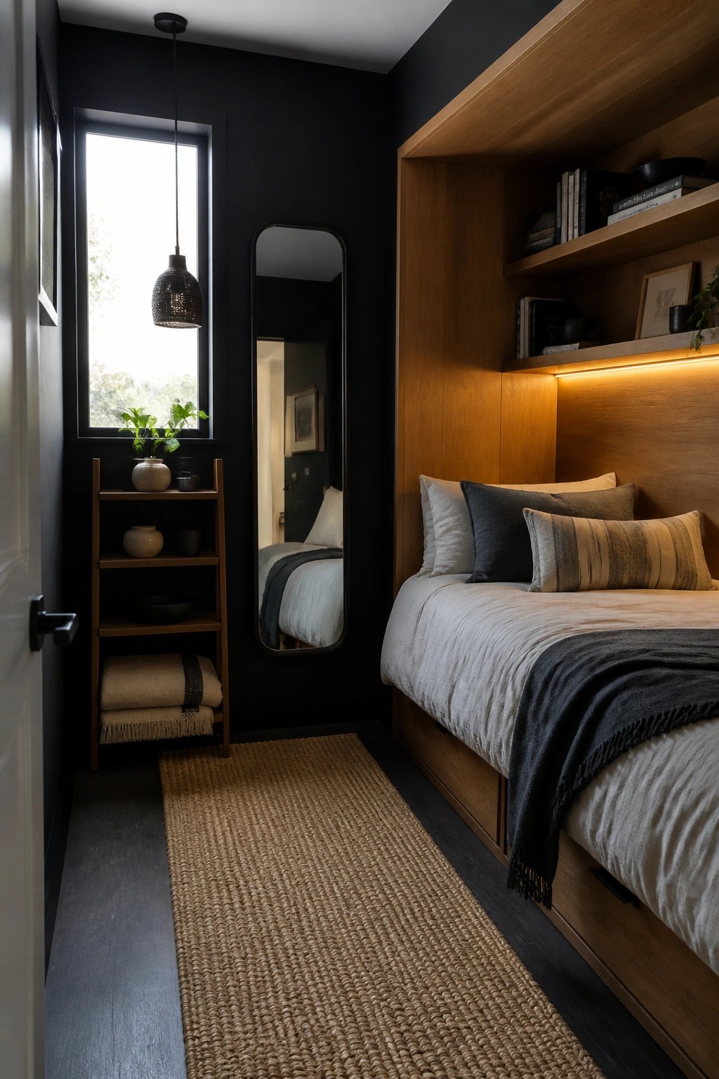 Dark modern bedroom with wooden built-in bed, arched mirror, woven rug, and shelves.