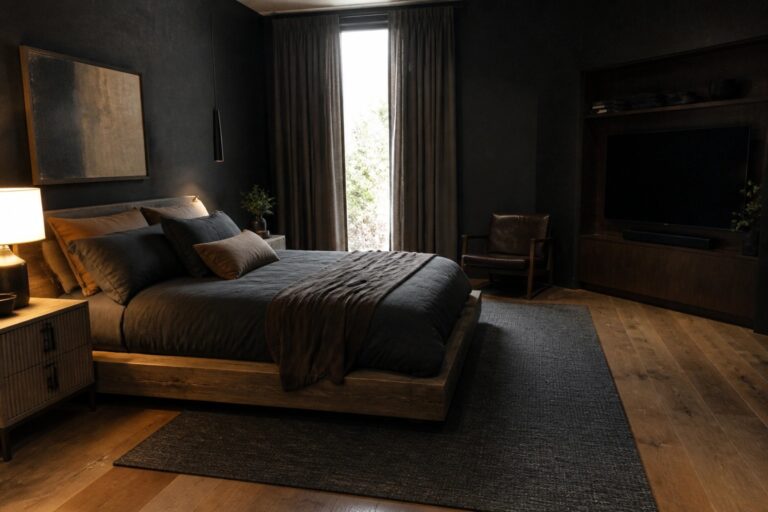 19 Moody Masculine Bedroom Ideas Using Black Walls and Warm Wood A bedroom with black walls, a wooden platform bed with dark bedding, warm hardwood floors, and wooden built-in shelving along one wall.