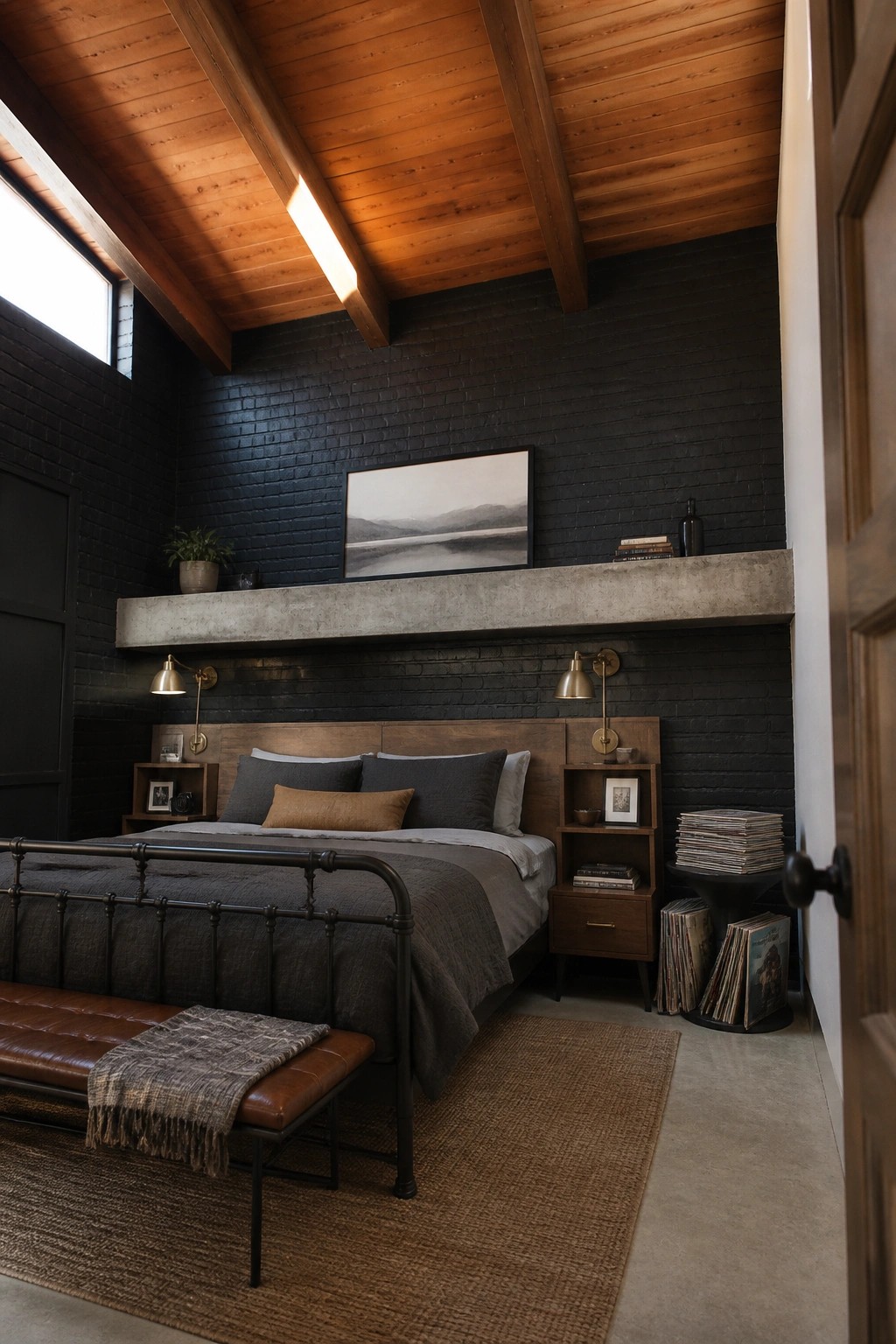 A bedroom featuring black brick walls, a wood ceiling with beams, a dark metal bed frame, gray bedding, and built-in wood nightstands under a concrete ledge.