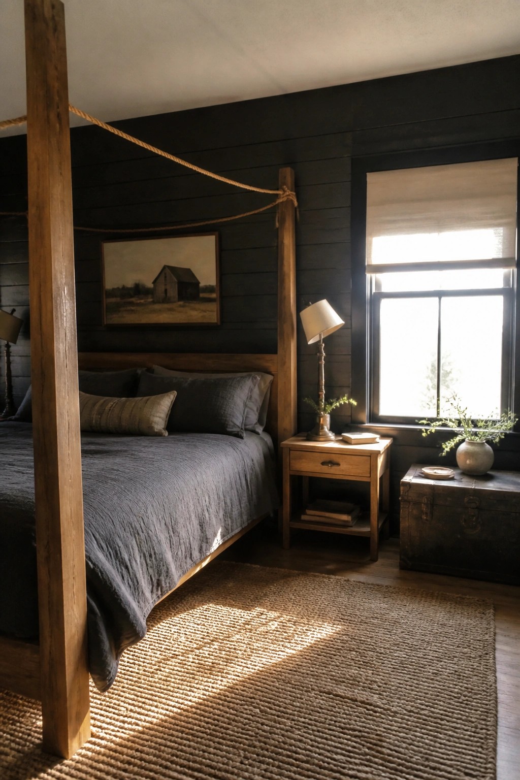 Rustic dark bedroom with four-poster bed, nightstand, woven rug, and sunlit window.