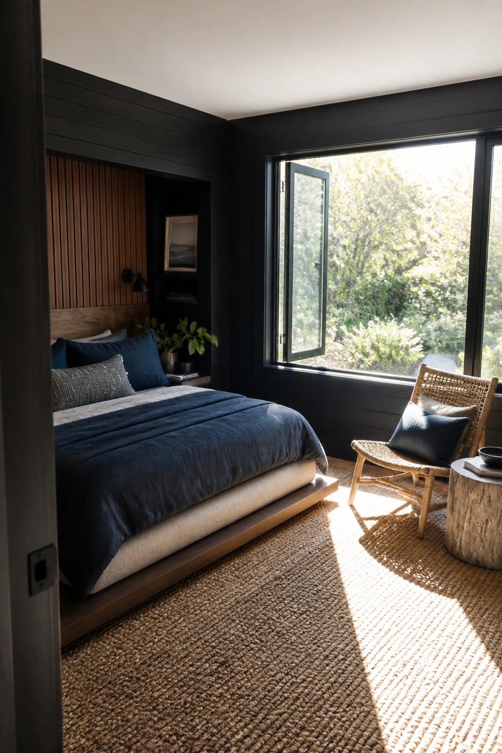 A bedroom with black walls shows a wooden platform bed with blue bedding recessed into a niche lined with vertical wood panels, next to a large window and woven chair.
