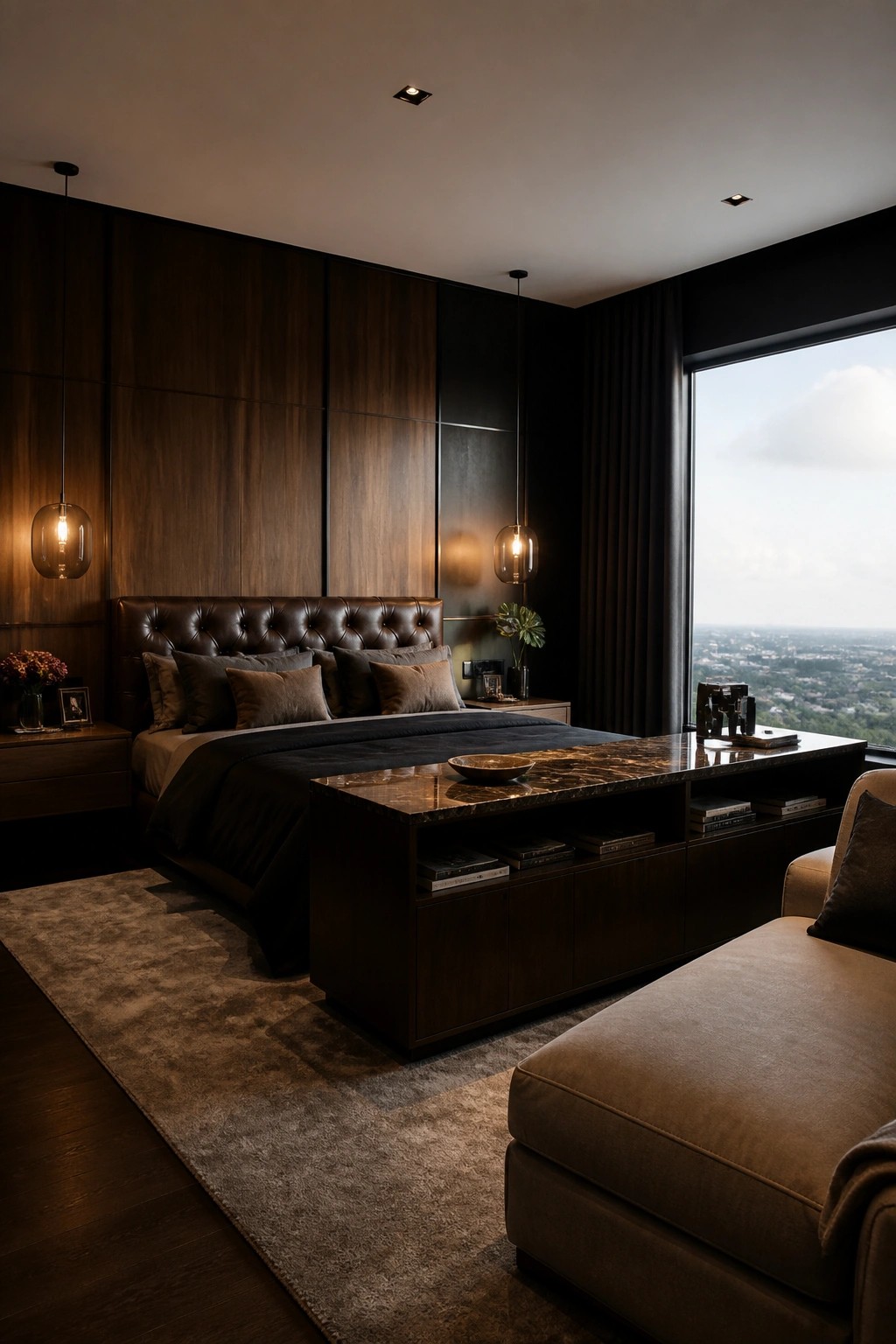 A moody bedroom with dark wood paneled walls, a tufted leather headboard bed with dark bedding, and a long dark wood console with marble top and open shelves positioned at the foot of the bed.