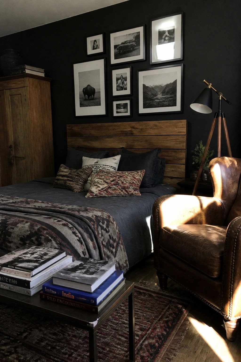 A bedroom with black walls features a wooden headboard, leather armchair, wooden cabinet, and stacks of books on a side table.