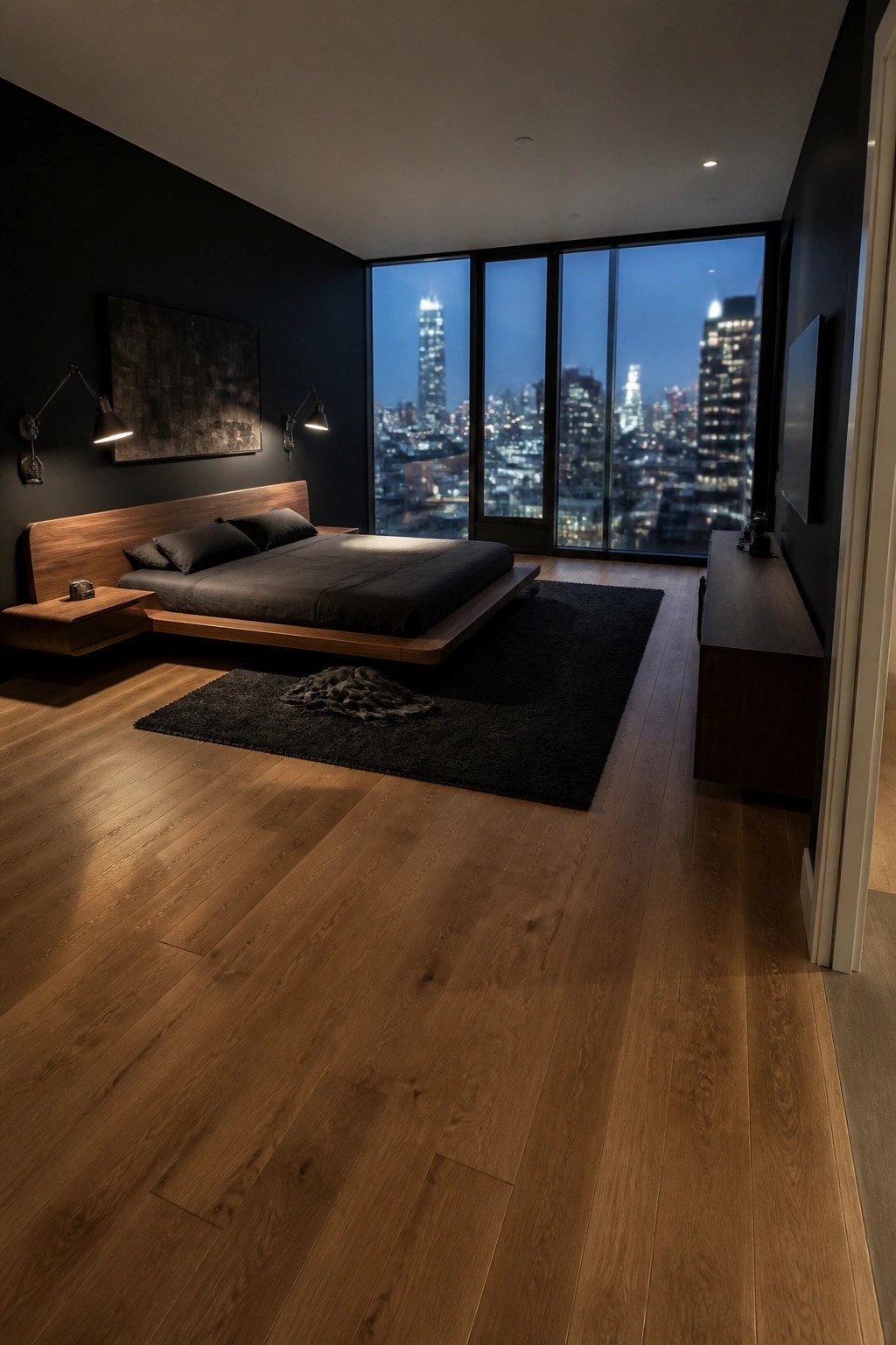 Modern dark bedroom with floating wooden bed, city lights glowing through large windows