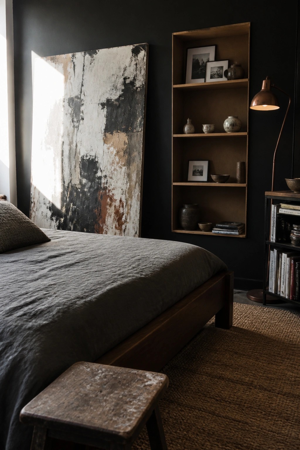 Dark bedroom with abstract painting, wooden bed, ceramic-filled shelves, and copper lamp