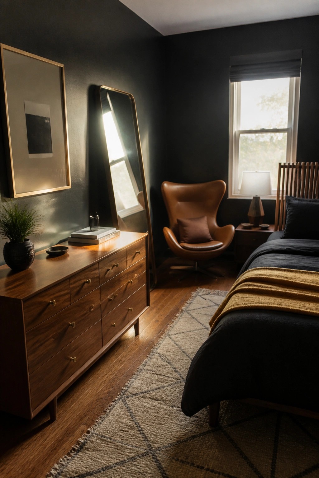 A bedroom with black walls, a long wooden dresser, a tall leaning mirror, a brown leather chair, and a bed with dark bedding on a patterned rug.