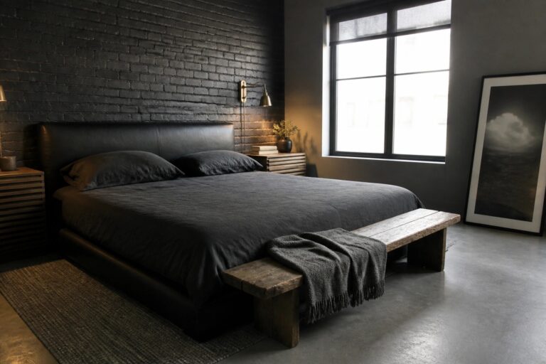 19 Sleek Black Masculine Bedrooms Featuring Low-Profile Platform Beds A modern bedroom featuring a low-profile dark platform bed against a black brick wall, with a wooden bench at the foot of the bed and a large window on the left side.