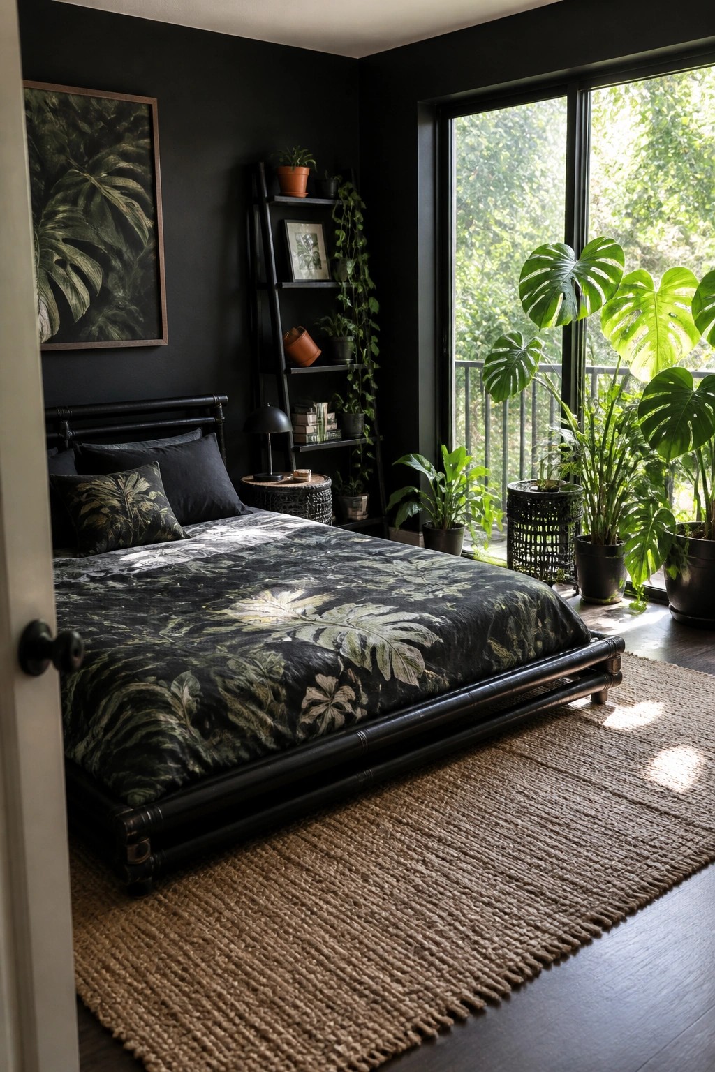 A dark bedroom featuring a low black platform bed with leafy bedding, black walls, a leaning shelf, and large houseplants near a wide window.