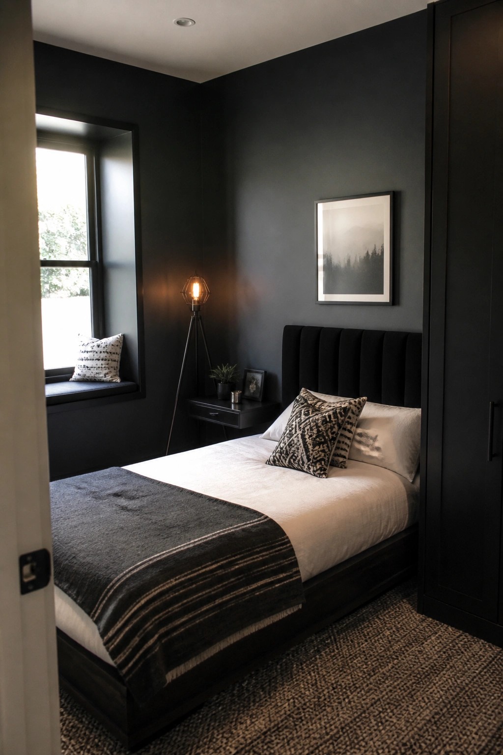 A bedroom with black walls and a low-profile dark wood platform bed topped with white linens and a dark throw.