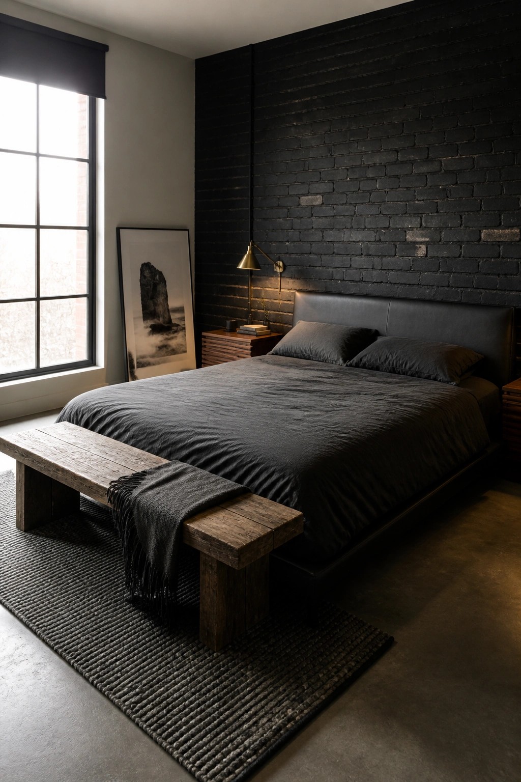 A modern bedroom featuring a low-profile dark platform bed against a black brick wall, with a wooden bench at the foot of the bed and a large window on the left side.