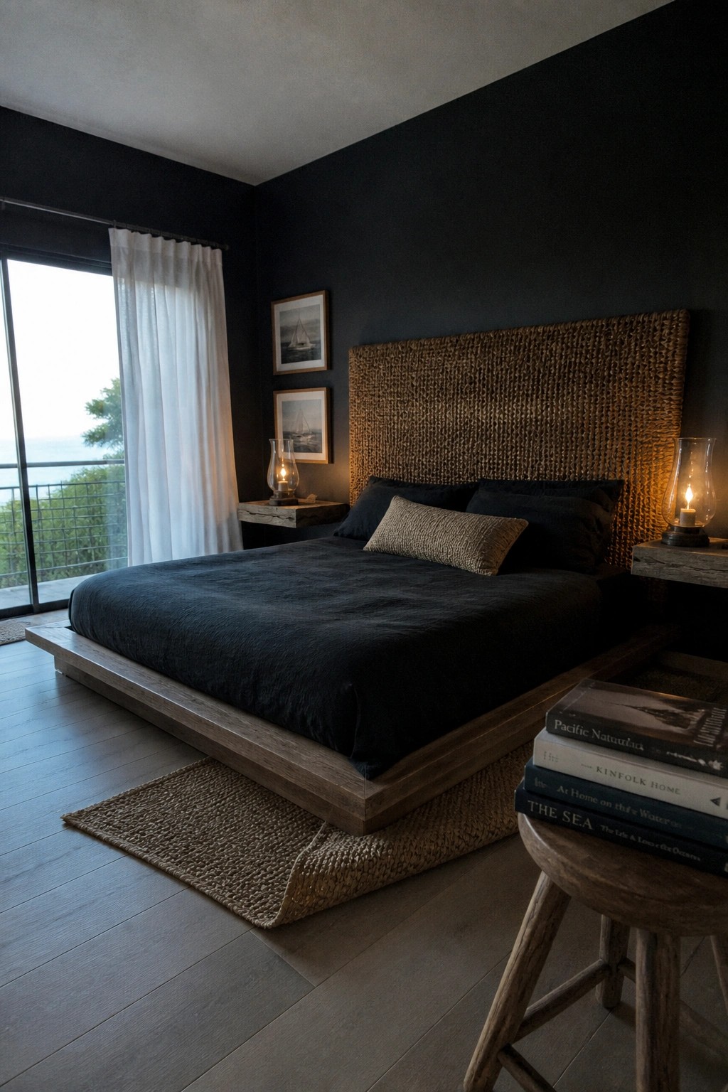 A bedroom featuring a low wooden platform bed with black bedding, set against dark walls with a woven headboard and lit lanterns on floating nightstands.