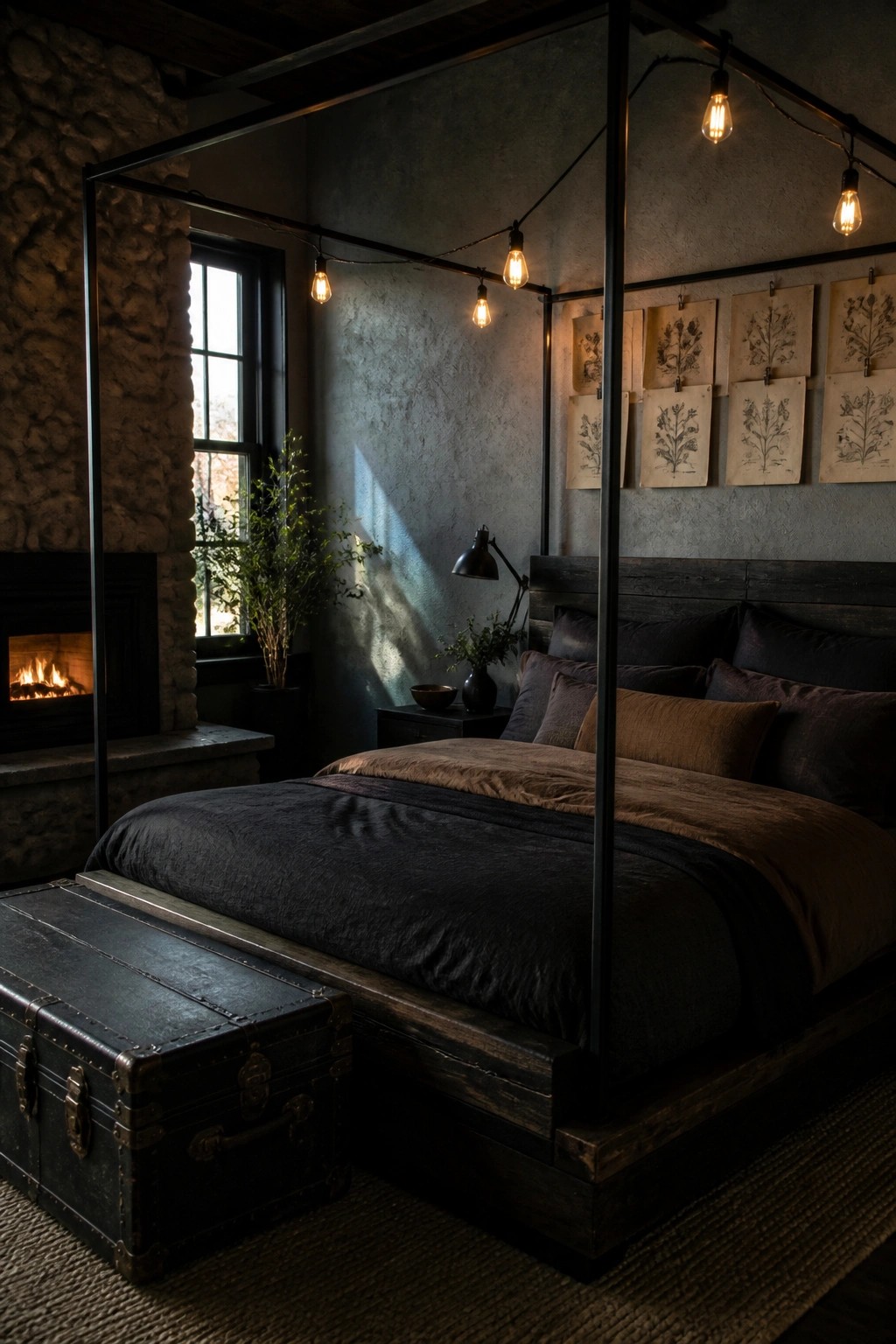 Dark four-poster bed with string lights in rustic bedroom with fireplace
