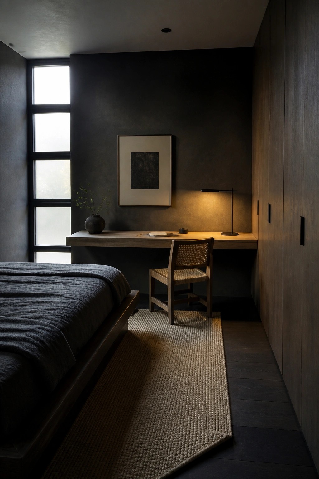 A modern bedroom featuring a low-profile wooden platform bed with dark gray bedding, a woven chair at a floating desk, and a tall window on the left wall.