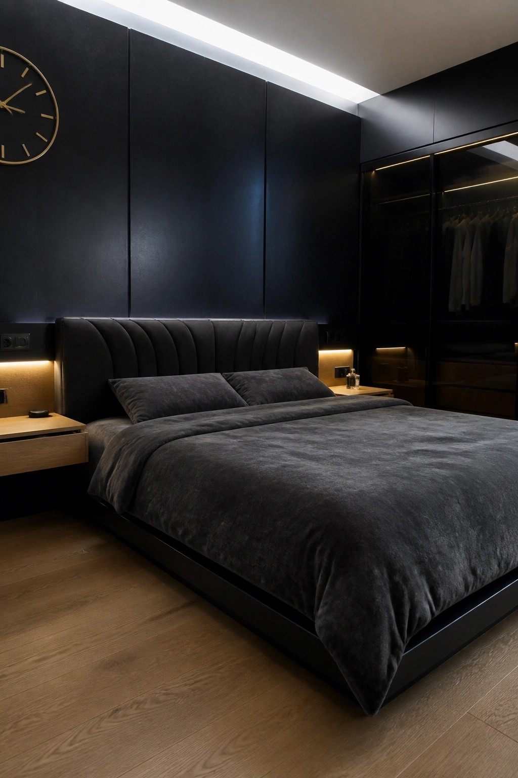 A bedroom with a low-profile black platform bed against a black paneled wall, dark gray bedding, wood flooring, and a large dark closet with glass doors.