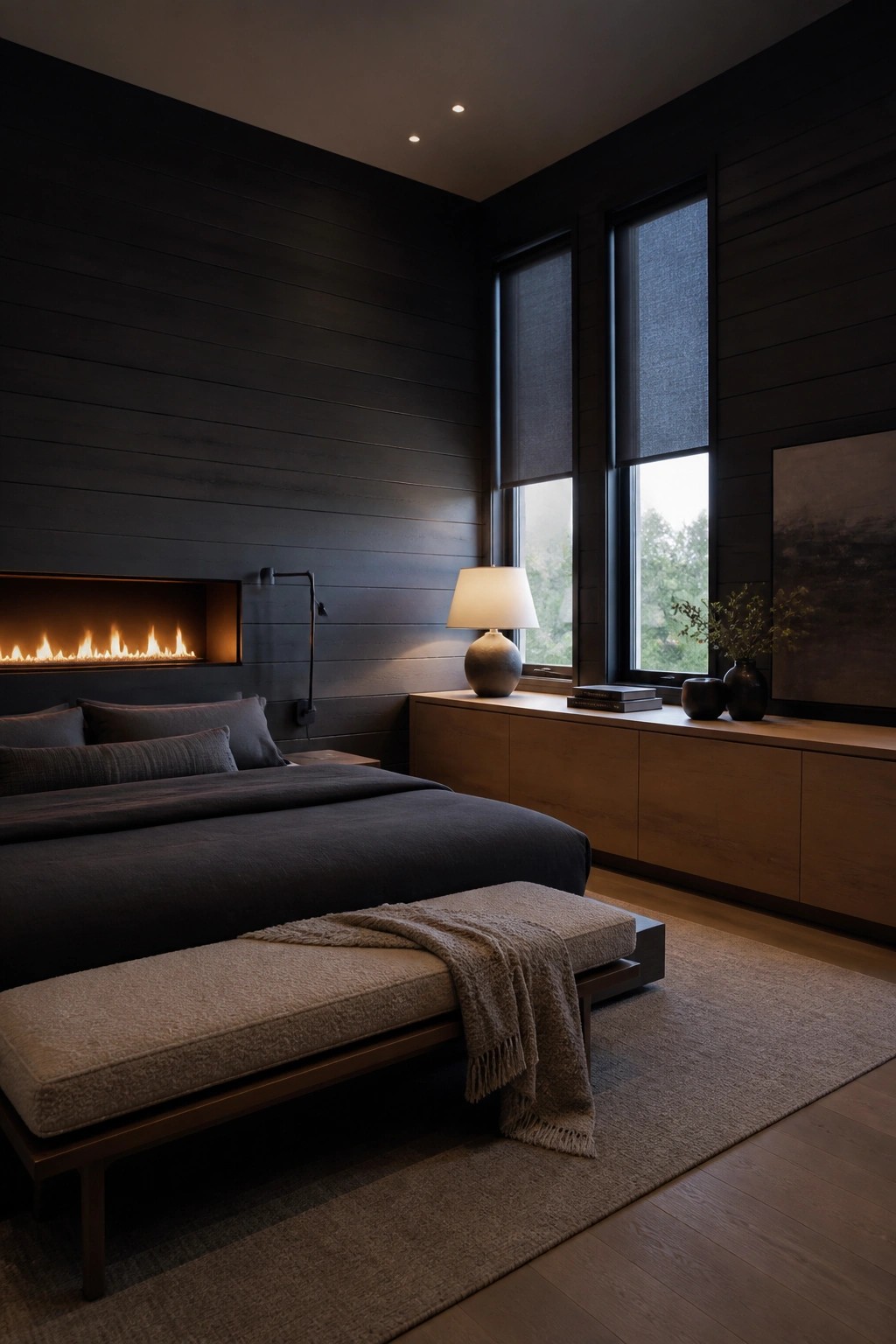 A bedroom with dark wood walls, a low-profile bed with dark gray bedding, a built-in fireplace, large windows, and a wooden bench at the foot of the bed.