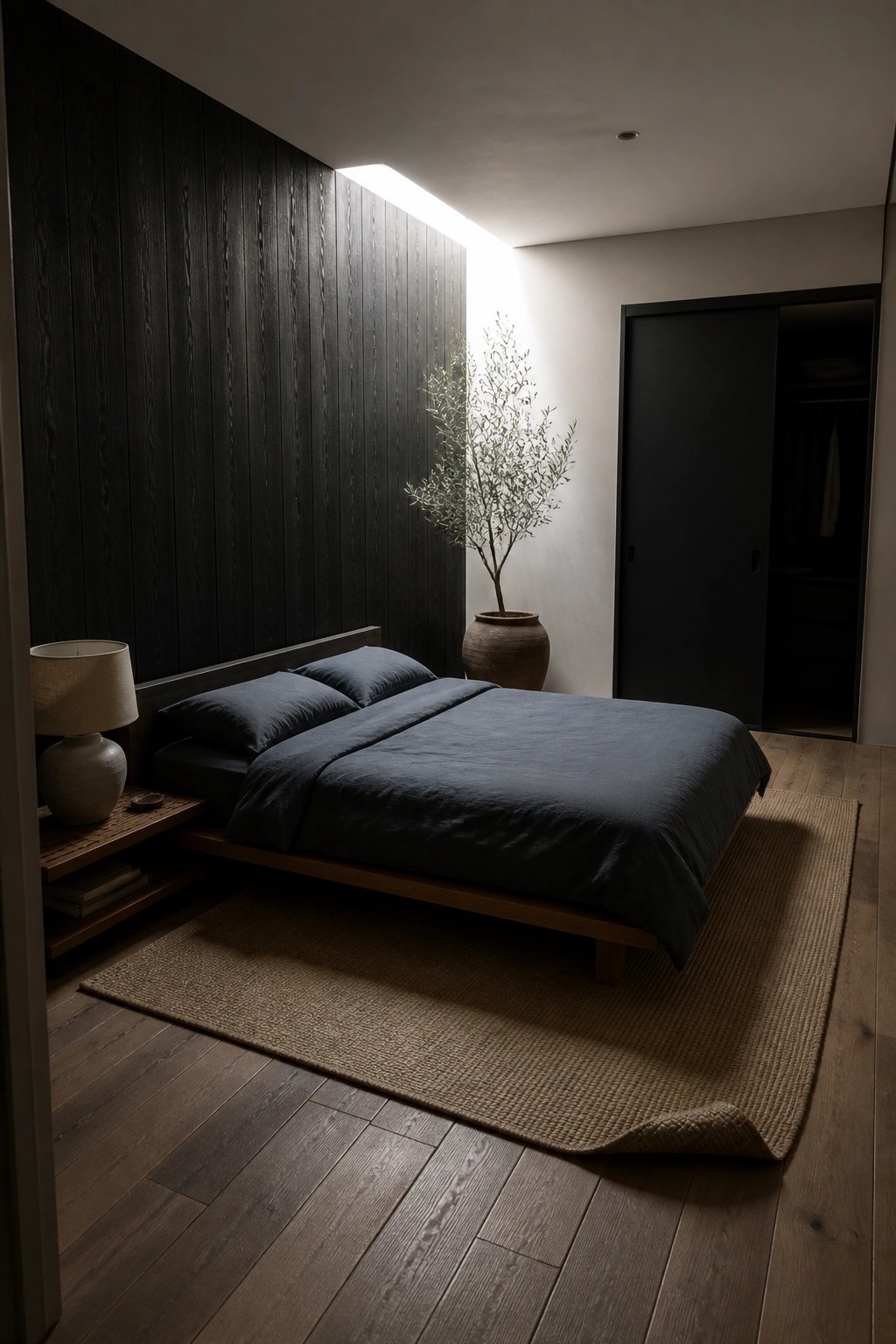 A bedroom featuring a low wooden platform bed with dark blue bedding against a dark wood accent wall and a woven rug on the floor.