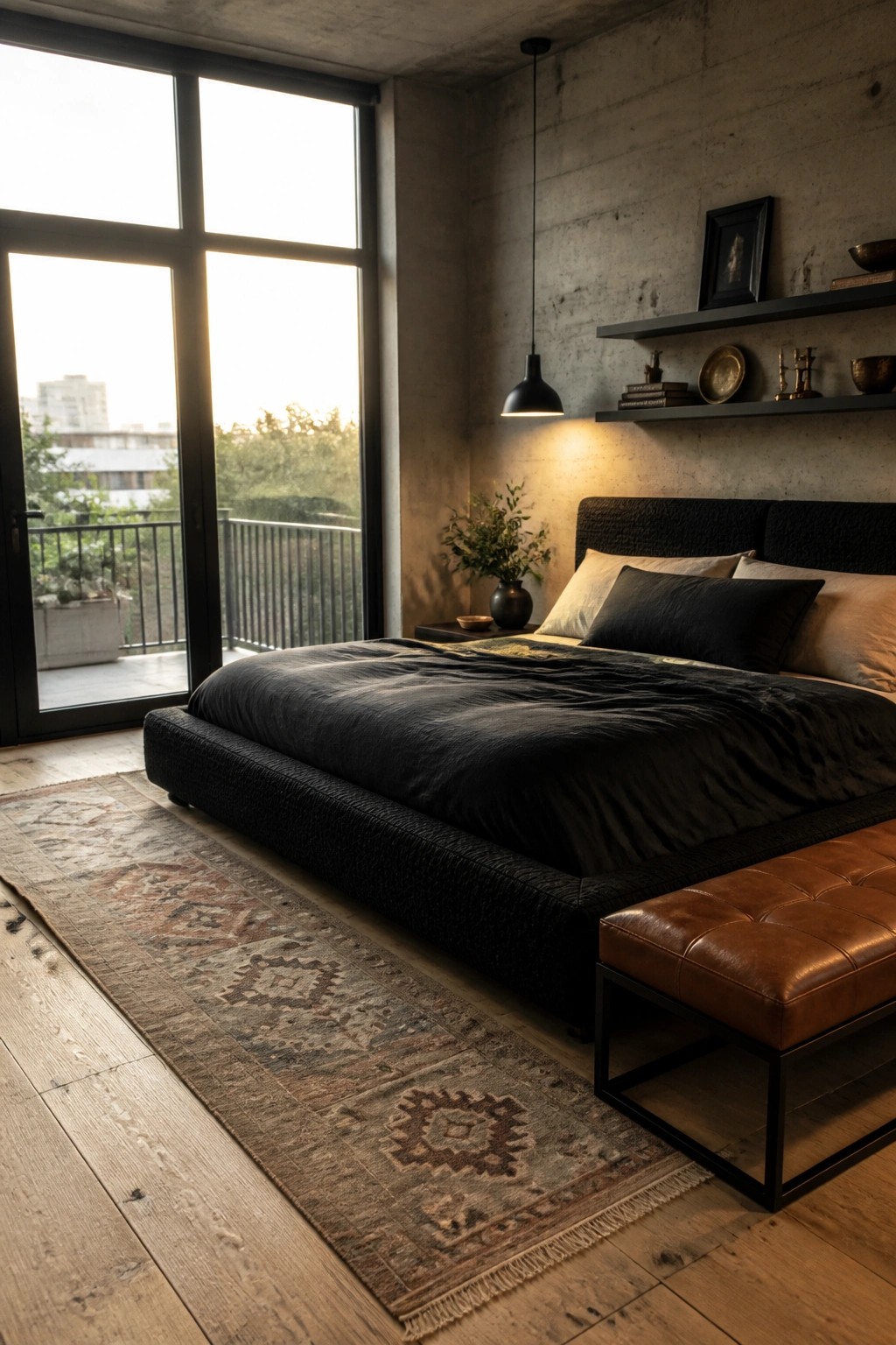 A bedroom featuring a low black platform bed with dark bedding, a brown leather bench at the foot, floating shelves on a concrete wall, and large windows to the left.