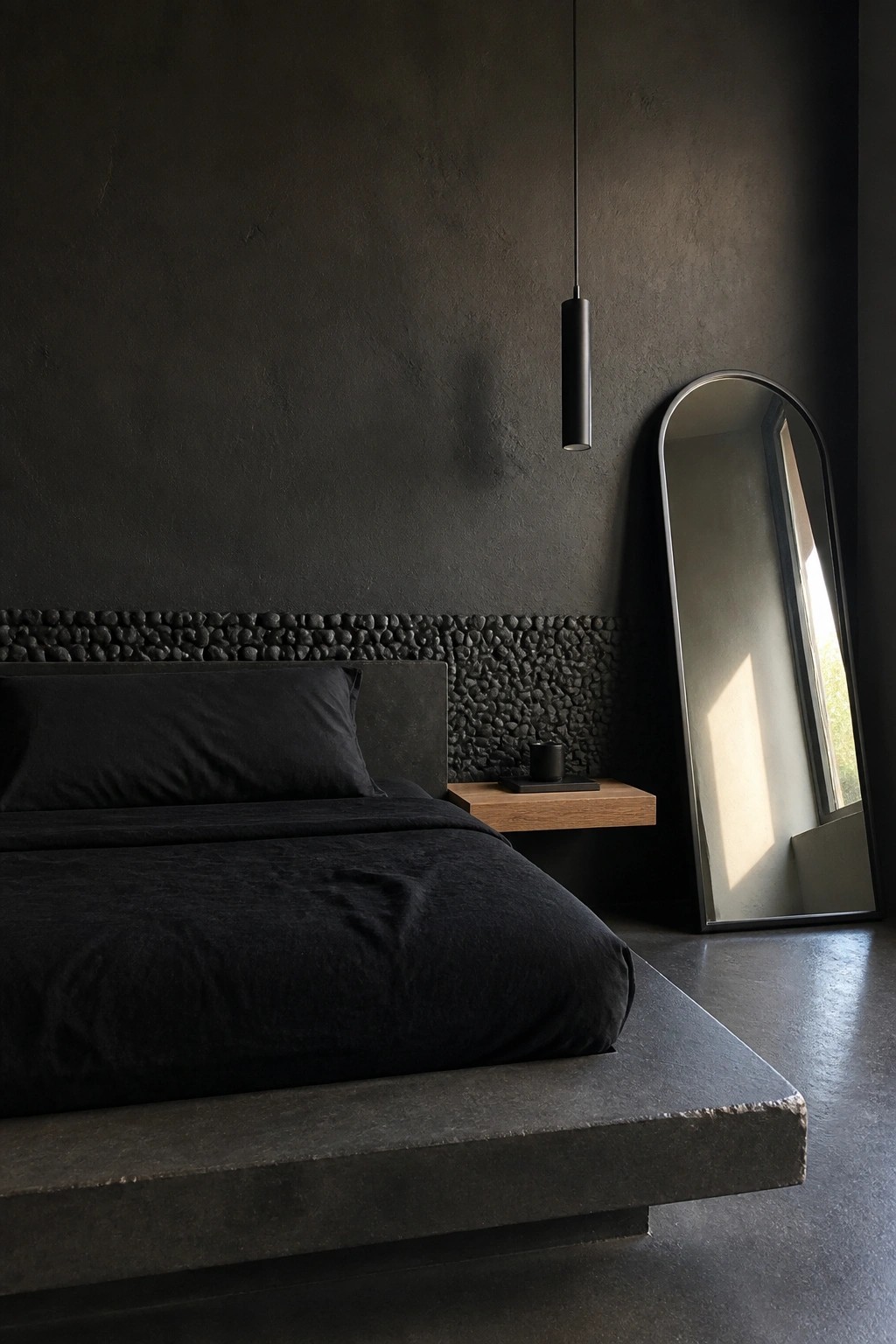 Moody dark bedroom with black bed, pebble wall, arched mirror, and pendant light