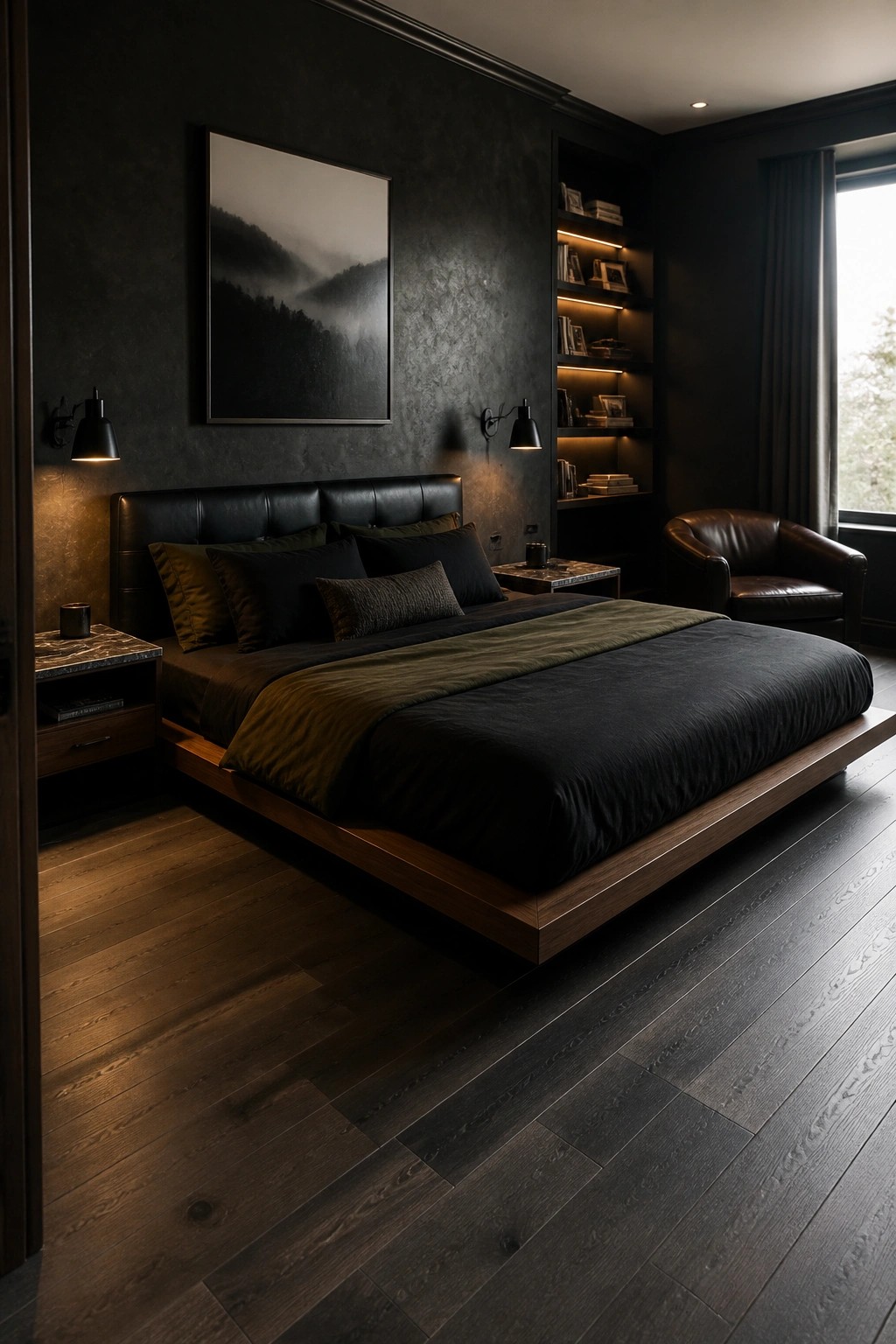 A dark masculine bedroom featuring a low-profile wooden platform bed with black and olive bedding, a black leather headboard, and built-in shelving on the right wall.