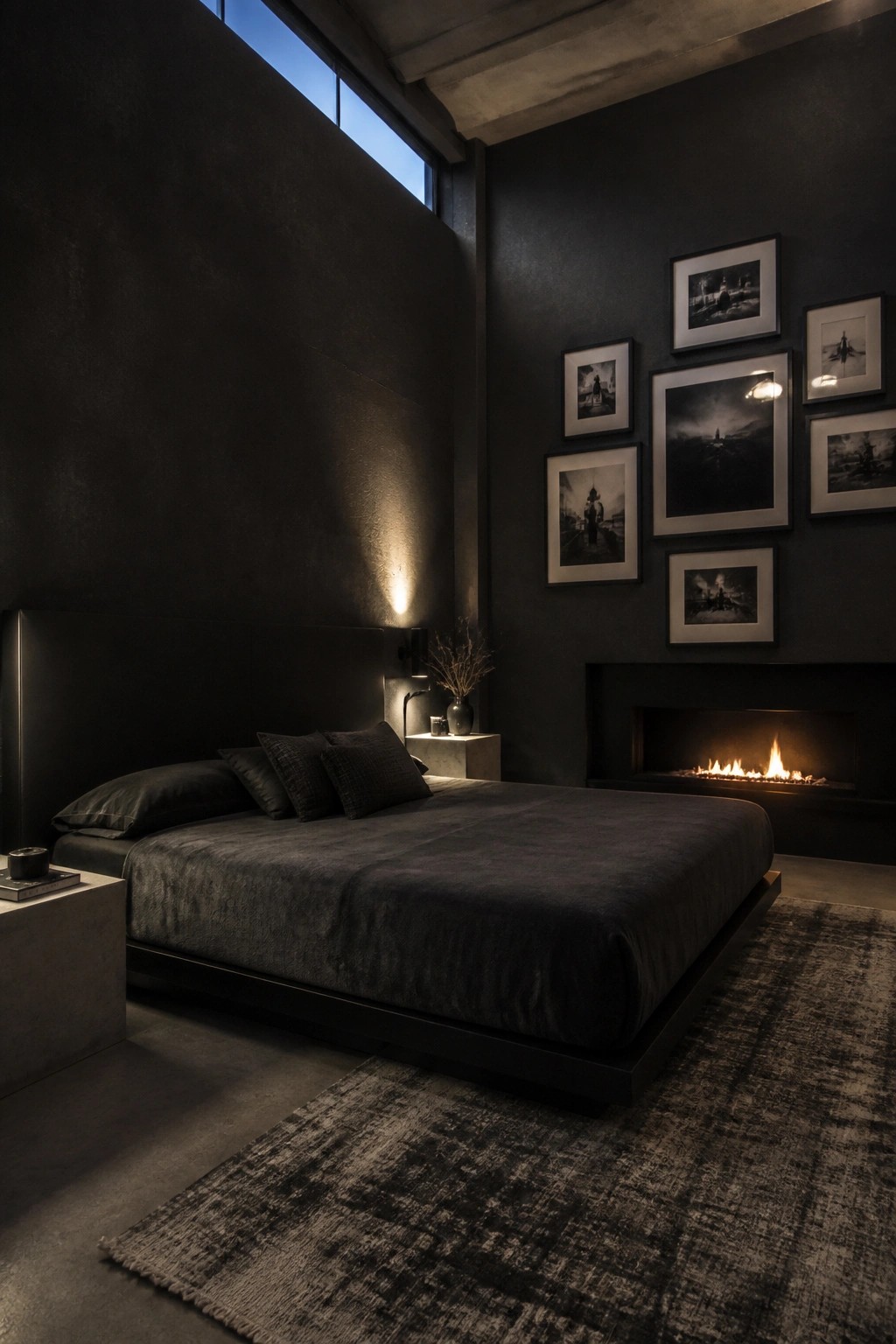 A dark bedroom with a low black platform bed, concrete walls, a fireplace on the right, and framed black and white photos arranged above it.