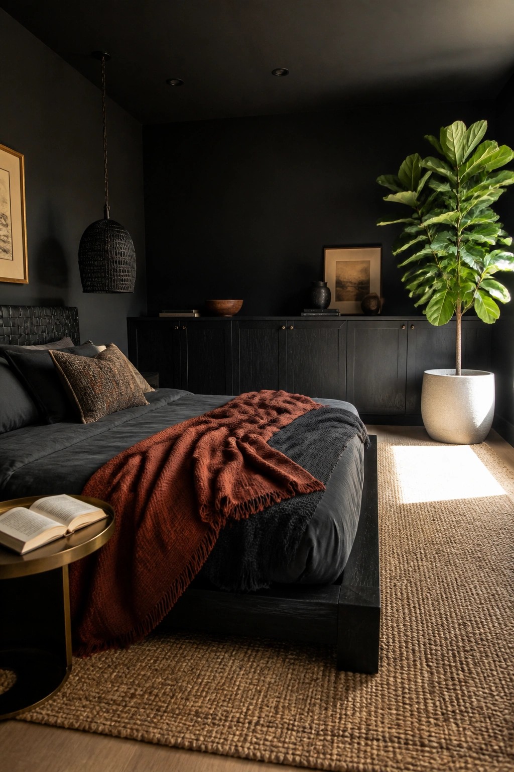 A dark bedroom featuring a low black platform bed with layered dark and rust bedding, a woven pendant light, and a large potted plant beside a dark wood cabinet.