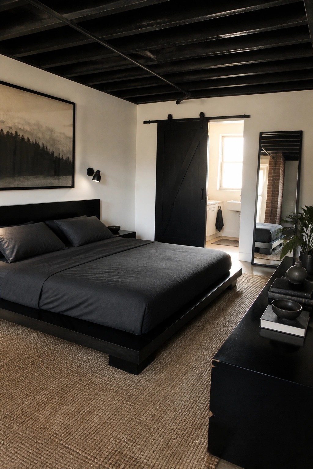 A bedroom featuring a low black platform bed with dark bedding, a black headboard, and a large abstract painting on a white wall.