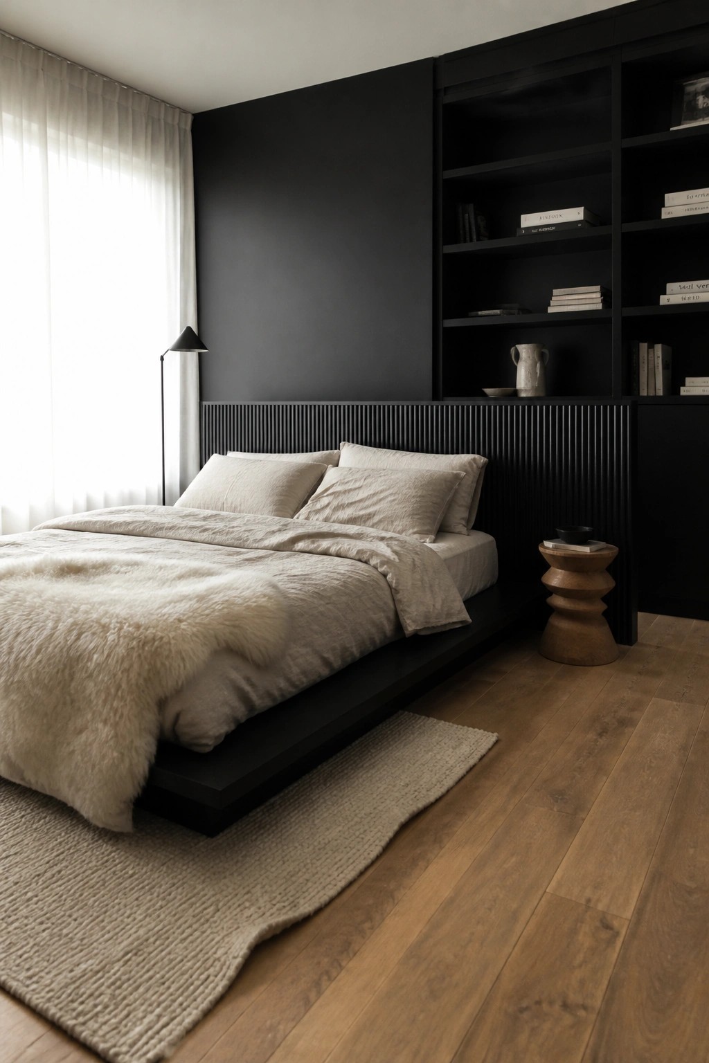 A bedroom featuring a low black platform bed with light bedding against a dark wall with vertical paneling and built-in shelves.