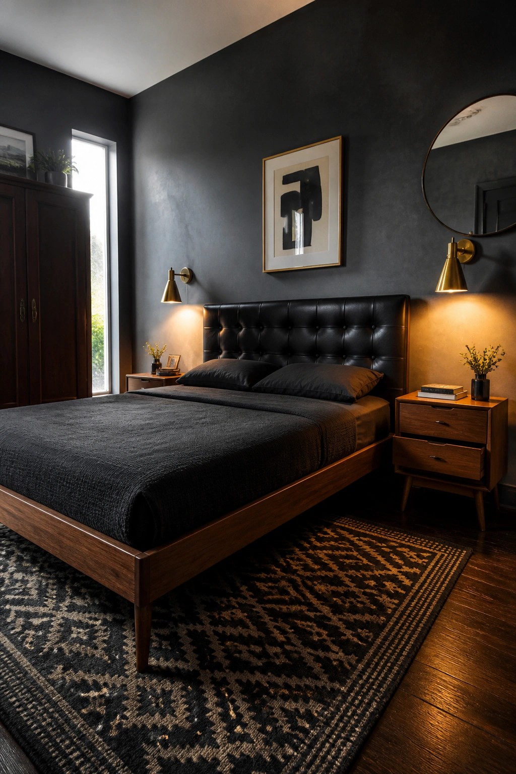 A bedroom with dark walls features a low-profile wooden platform bed with a black tufted headboard, black bedding, wooden nightstands, and a patterned rug.