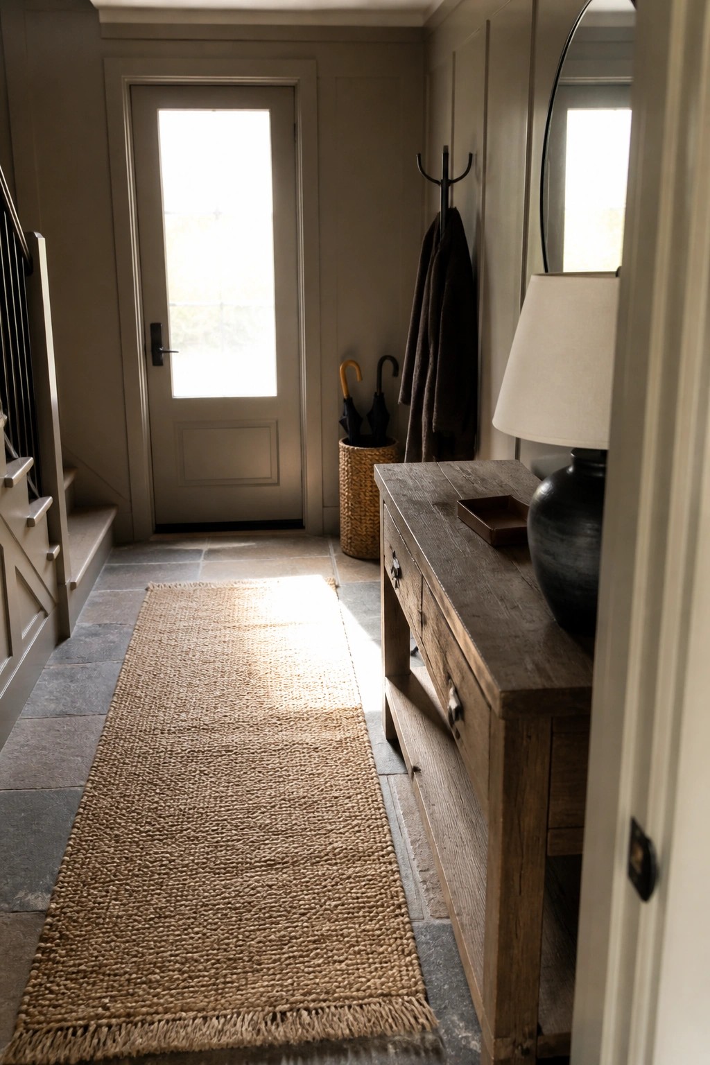 A long jute runner lies on stone tiles in a taupe hallway leading to a front door, with a wooden console table on the right side.