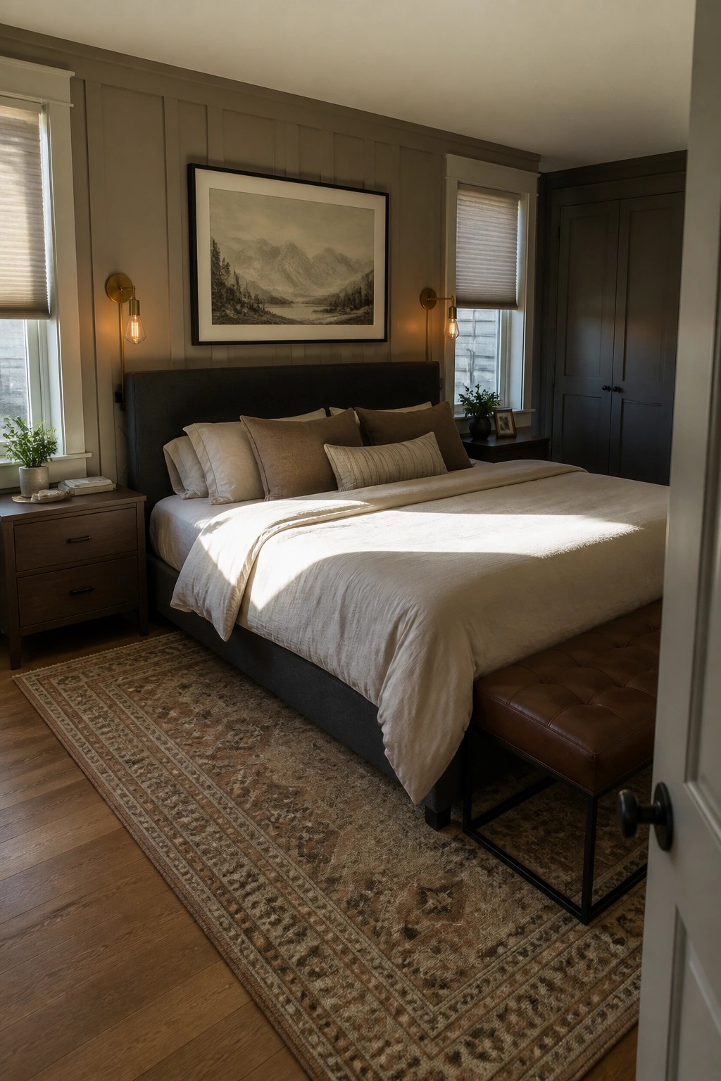 Sunlit bedroom with neutral bedding, patterned rug, leather bench, and mountain artwork.