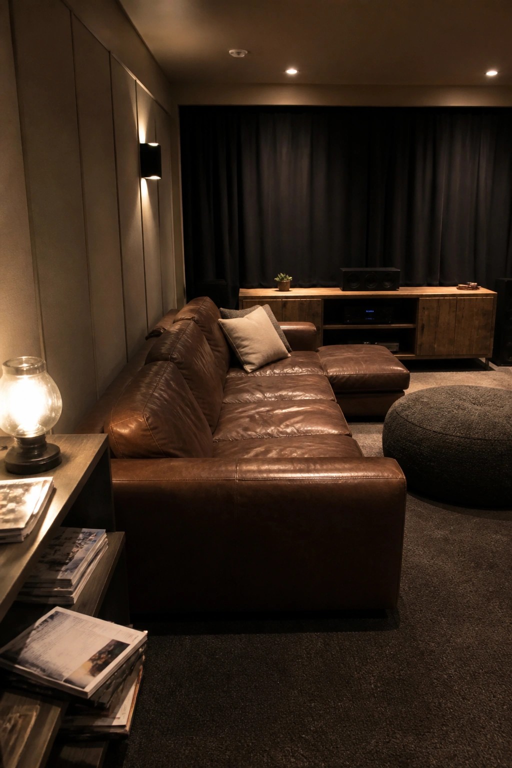 A brown leather sectional sofa sits in a dimly lit living room with dark curtains, a wooden media console, and a gray fabric ottoman.