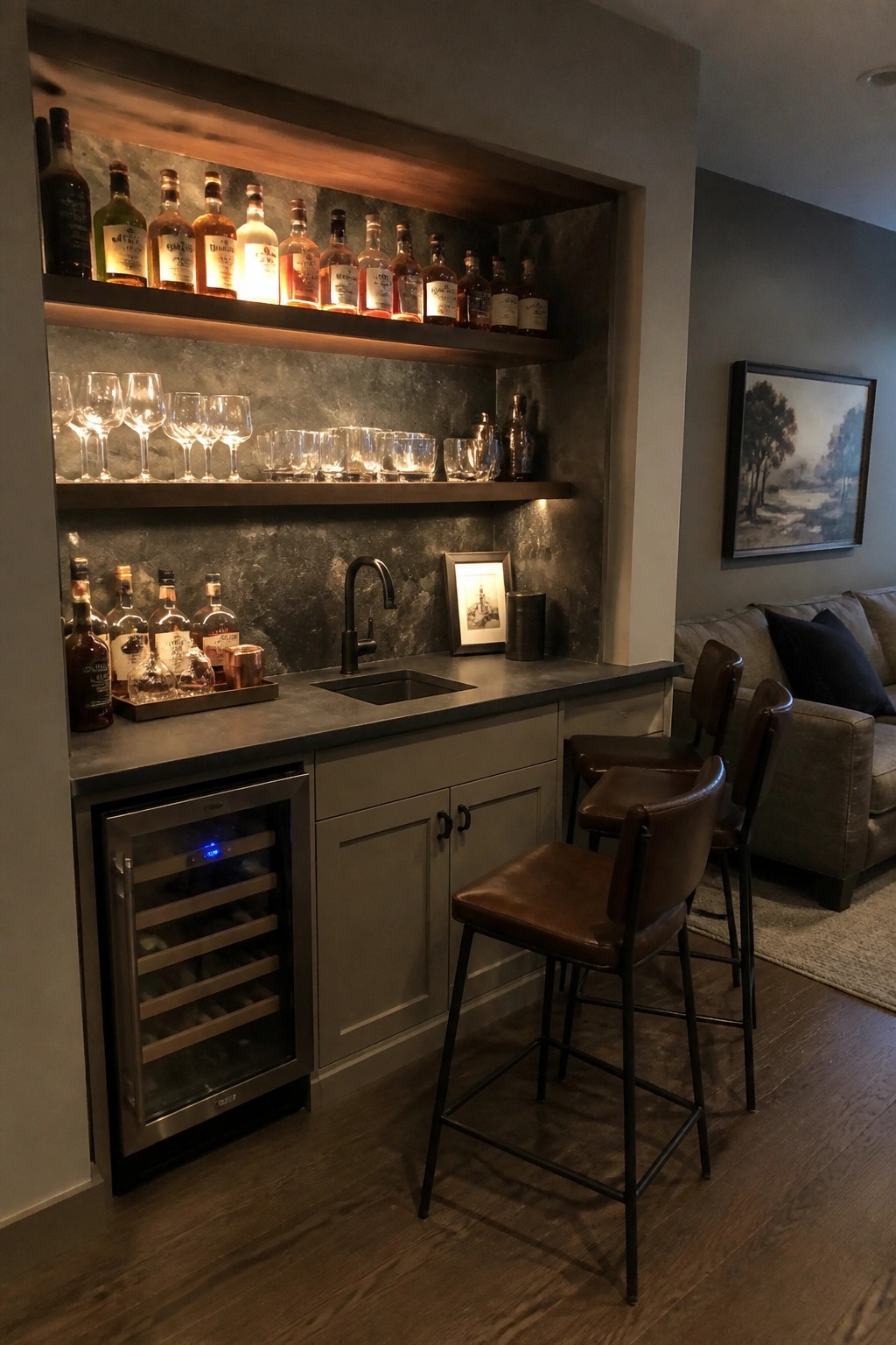 A recessed home bar with illuminated wood shelves holding liquor bottles and glassware above a dark countertop, gray cabinets, a sink, a wine fridge, and three brown leather bar stools.